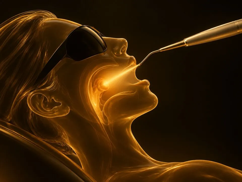 Illustration of a gentle dental laser warming the soft palate while the patient wears protective glasses
