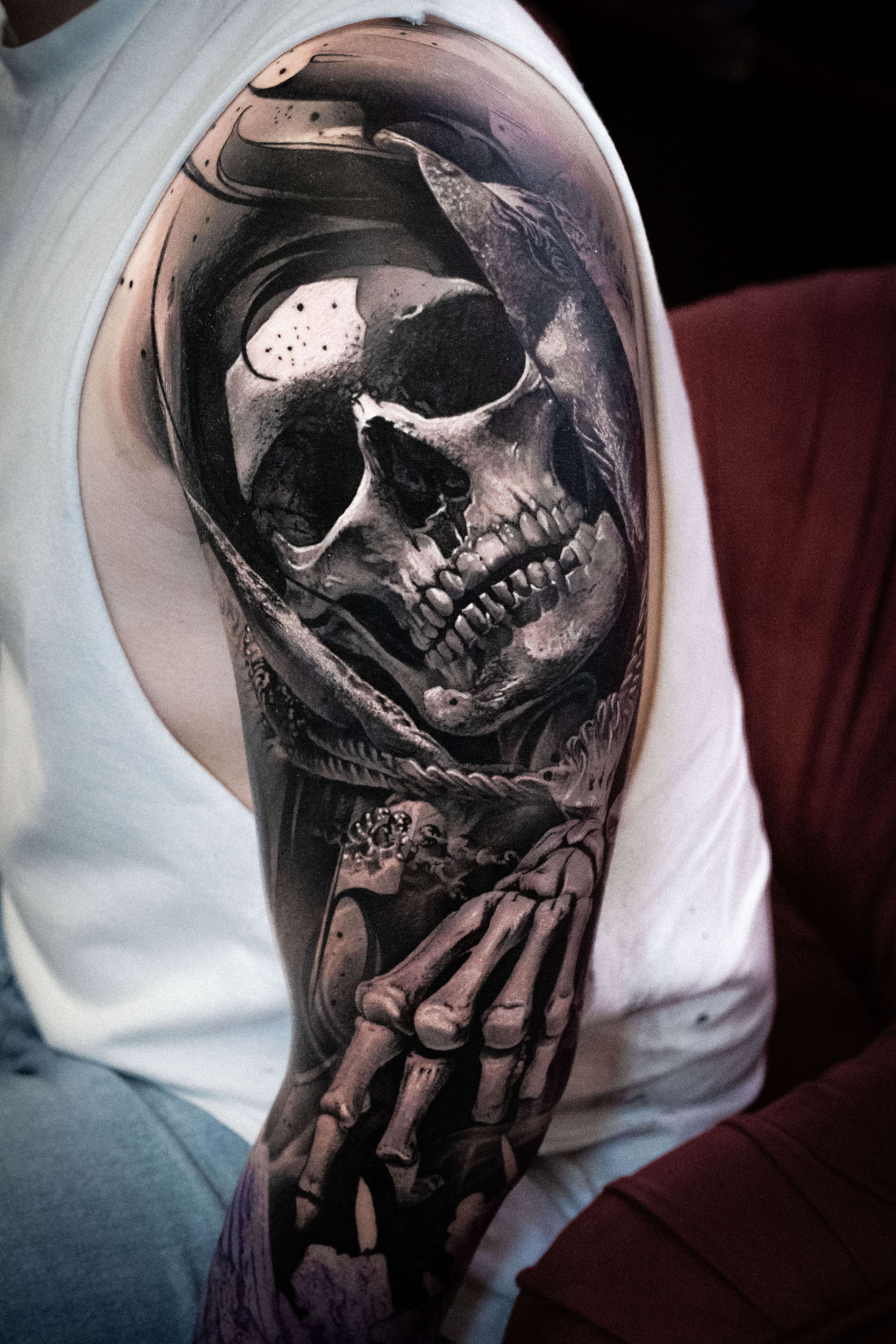 Realism tattoo arm portrait — Monolith Studio Brooklyn