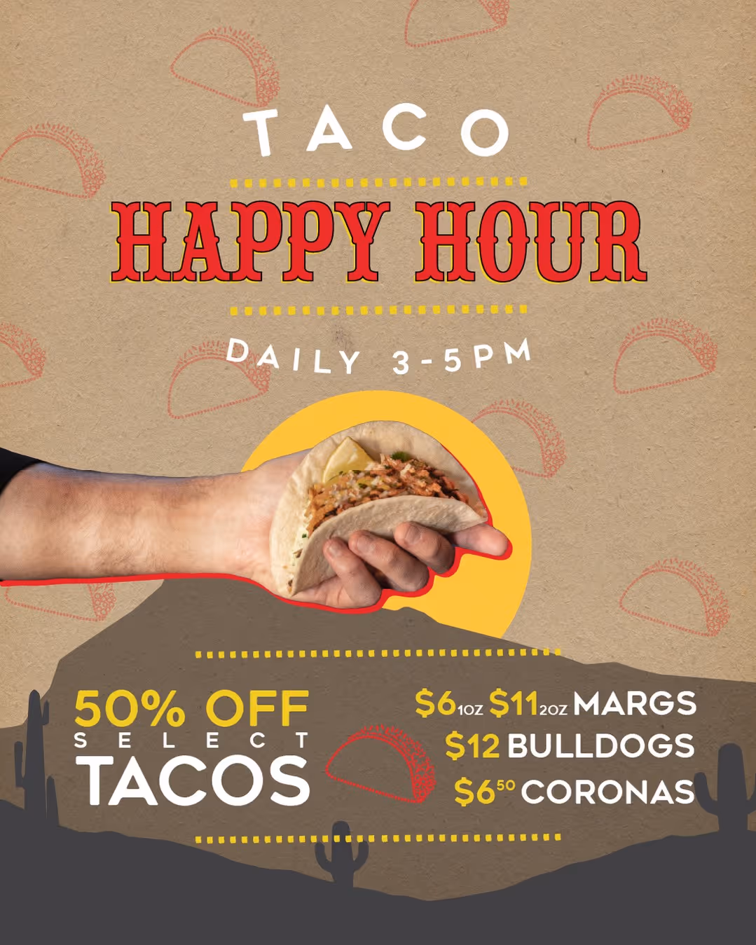 Tacos, tequila, and good times—every single day. Get here between 3-5pm for 50% OFF Select Tacos, $6.50 Coronas, $6 Tequila Shots, $11 Double Margaritas, & $12 Bulldogs! Dont miss out, reserve now! (link in bio)