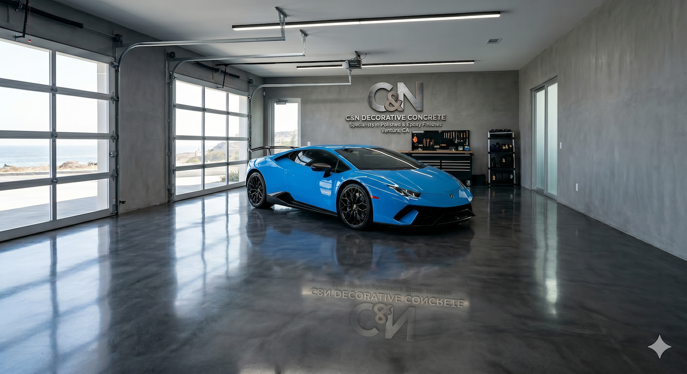 Luxury automotive showroom featuring the C&N Decorative Concrete branding on the wall and a flawless, high-gloss polished concrete floor system showcasing an orange Lamborghini sports car with a perfect mirror-like reflection.