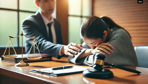 Abogado consolando a una mujer afligida en un bufete de abogados, con balanzas legales, documentos y un mazo sobre el escritorio, que simboliza el apoyo legal y la orientación en un caso de lesiones personales.
