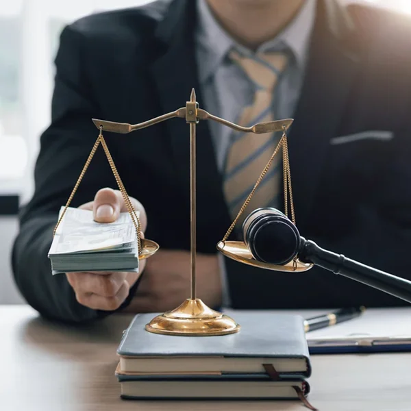 Close-up of a lawyer holding cash beside a justice scale and gavel on a desk — symbolizing legal compensation and personal injury settlements.