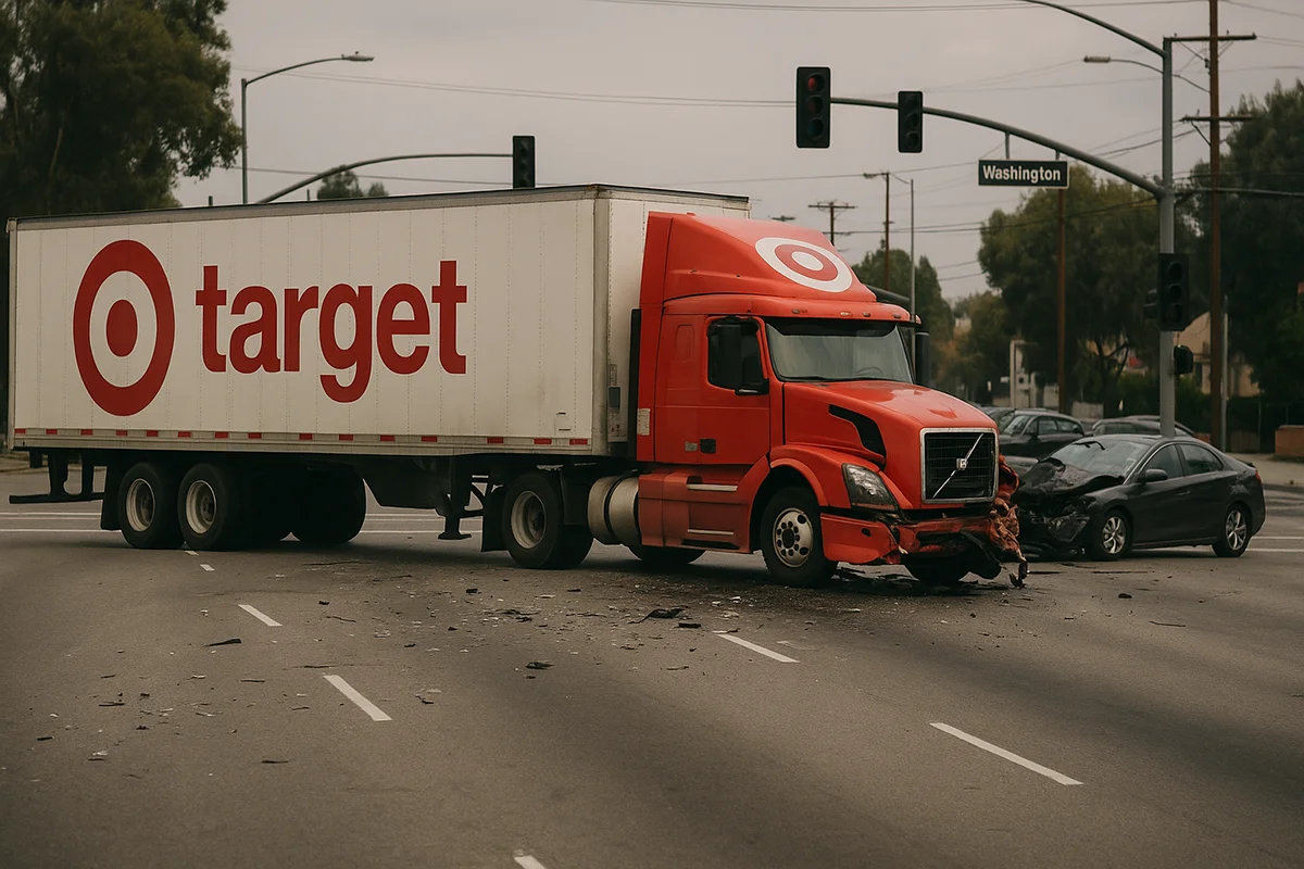 Damaged Target semi-truck after collision in California intersection, highlighting liability issues in retail fleet accidents.