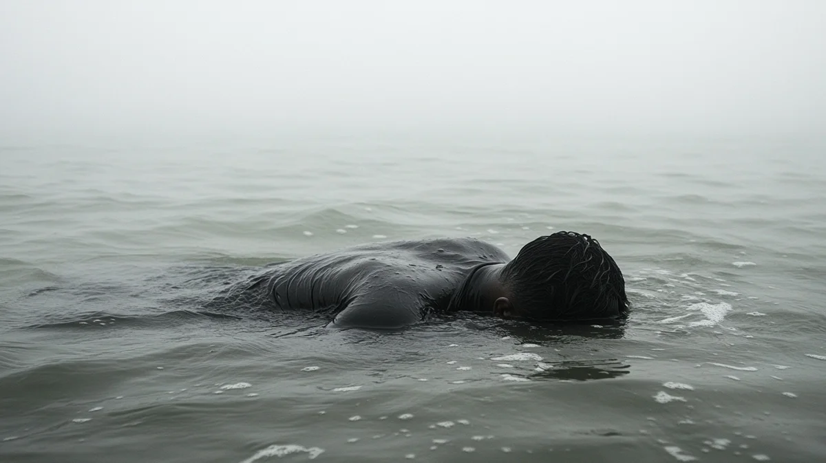 Una persona acostada boca abajo en aguas tranquilas del océano en un día de niebla, que simboliza la pérdida y la tragedia, se utiliza para representar casos de homicidio culposo en California.