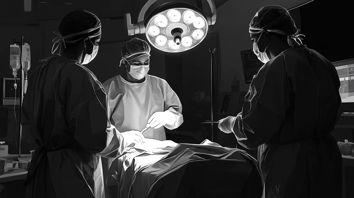 Three surgeons perform an operation under bright surgical lights in a hospital operating room, representing a discussion of California Civil Code §3333.2 and medical malpractice laws.