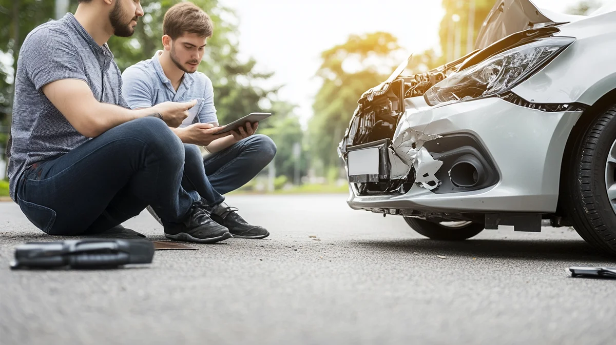 Two men sit on the road documenting a car accident using a tablet and smartphone beside a damaged silver vehicle, illustrating the process of gathering evidence for a personal injury claim in California.
