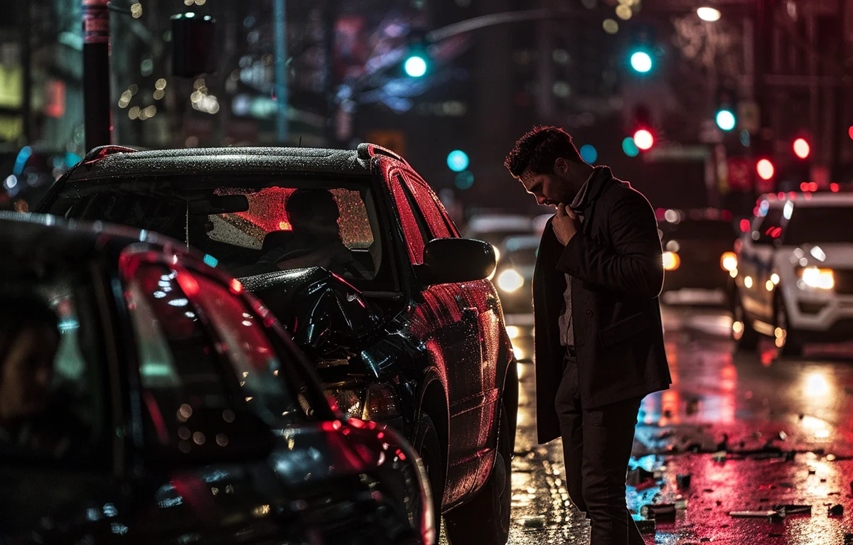 Un hombre está de pie junto a dos coches dañados tras un accidente nocturno de transporte compartido en Los Ángeles, con calles mojadas que reflejan las luces de la ciudad y el tráfico de fondo.