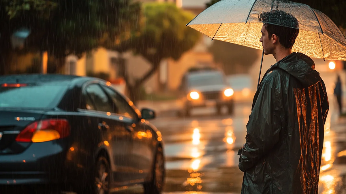 Una persona parada bajo una sombrilla en una calle lluviosa de California, observando los automóviles pasar con los faros encendidos, lo que ilustra los riesgos de accidentes relacionados con el clima.