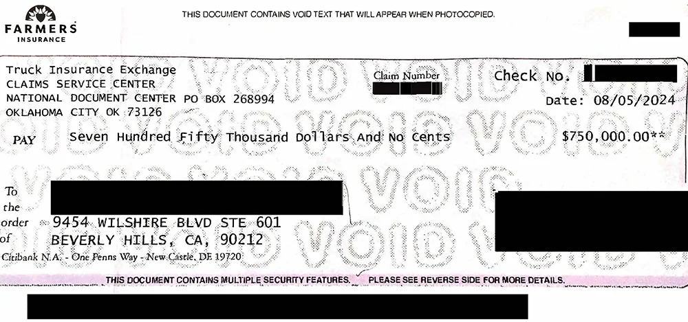 A settlement check for $750,000