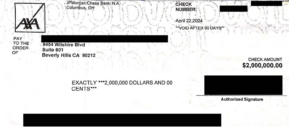A settlement check for $2,000,000
