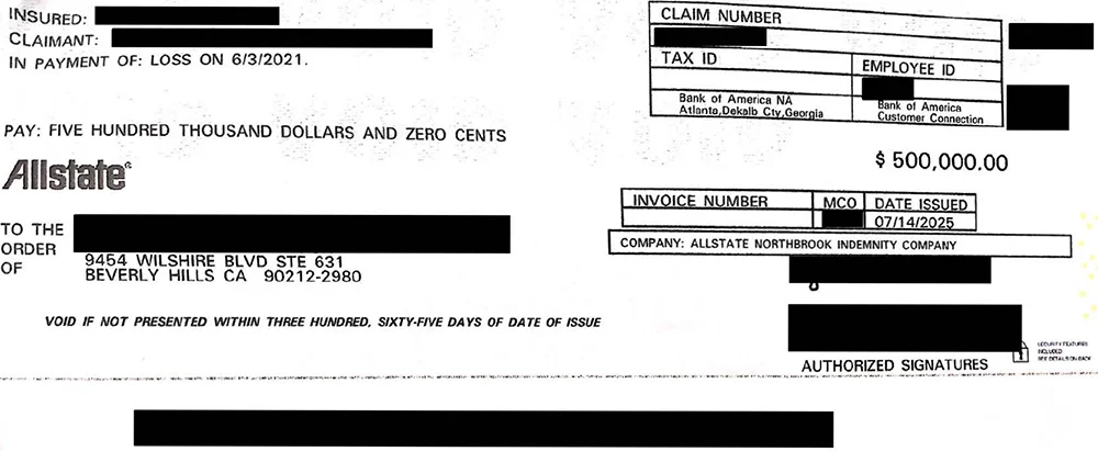 A settlement check for $500,000