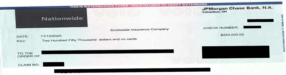 Redacted $250,000 personal injury settlement check issued by Nationwide Insurance, shown as part of California Attorney Group’s California injury case results.
