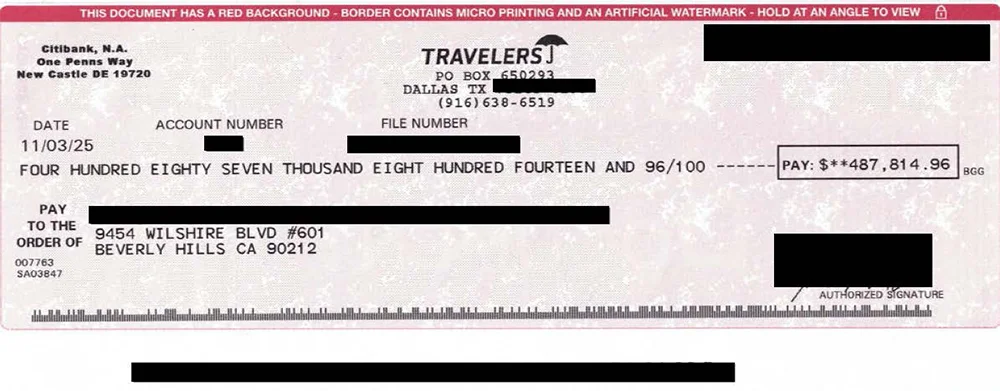 Redacted $487,814.96 personal injury settlement check issued by Travelers Insurance, displayed as part of California Attorney Group’s California injury case results.