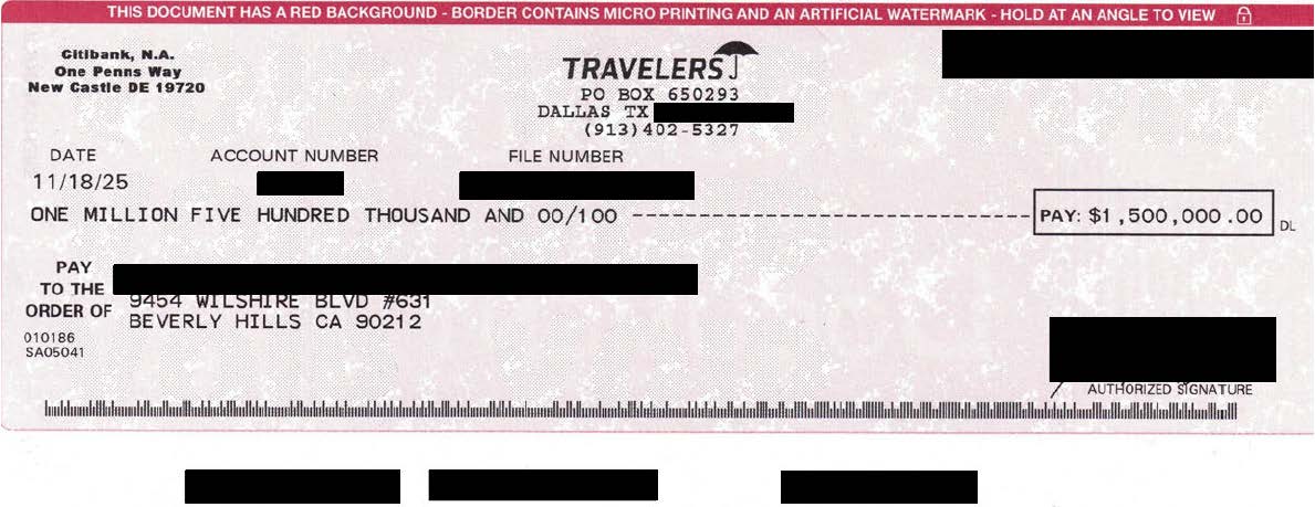 A $1,500,000 truck accident settlement check in California personal injury case from California Attorney Group.
