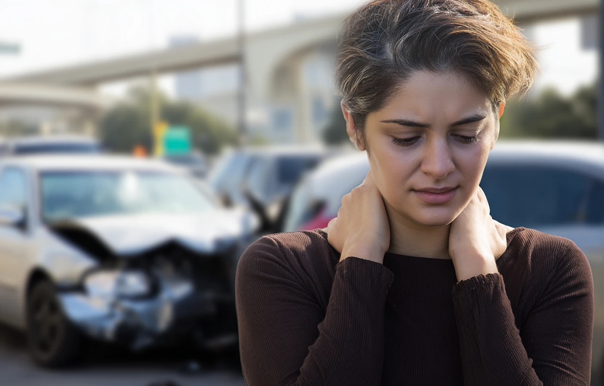 A woman experiencing neck pain after a car accident, illustrating how delayed injury symptoms can appear even when someone initially feels fine.