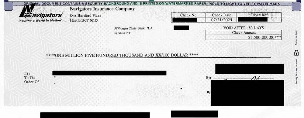 edacted $1.5 million settlement check as part of a $2.5 million slip and fall case in North Hollywood, California.