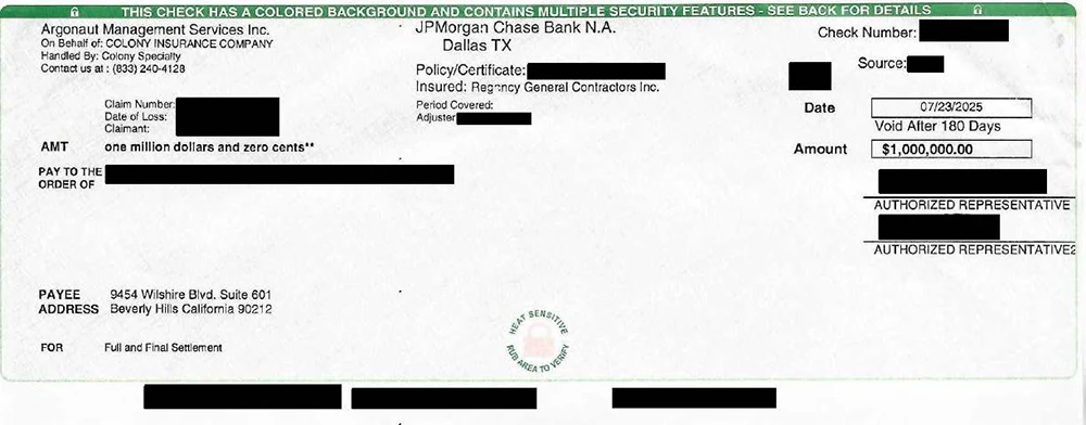 Redacted $1 million settlement check from a $2.5 million slip and fall injury case in North Hollywood, California.