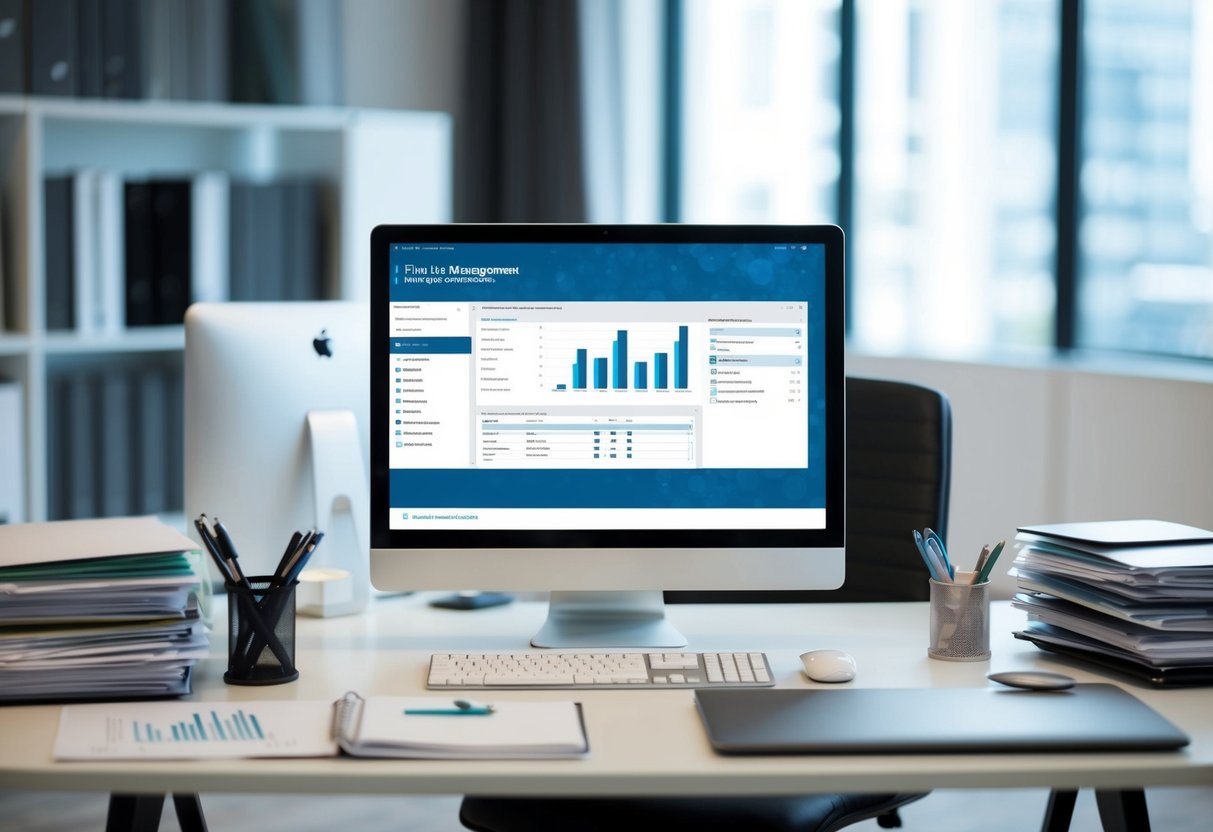 A clutter-free desk with a computer displaying a law firm management software interface, surrounded by organized files and a sleek office environment