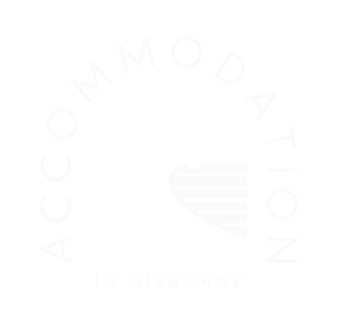 Accommodation in Gisborne Logo in white, waves sunset and wording around it looks like a window