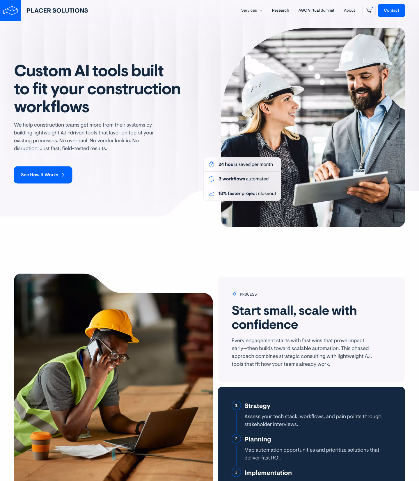 Clean and modern SaaS Webflow website design for a construction tech consultation company focused on AI implementation.
