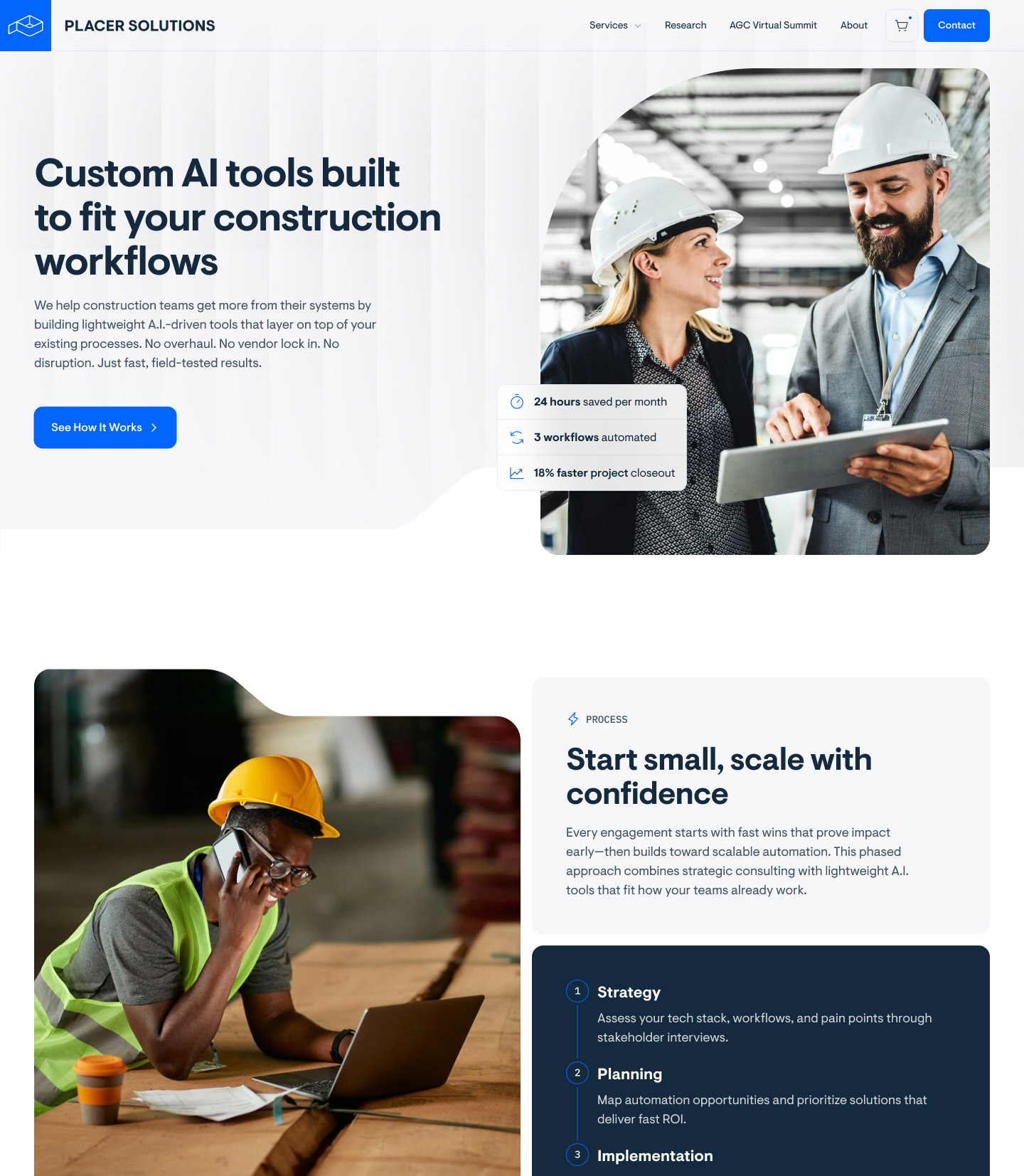 Clean and modern SaaS Webflow website design for a construction tech consultation company focused on AI implementation.