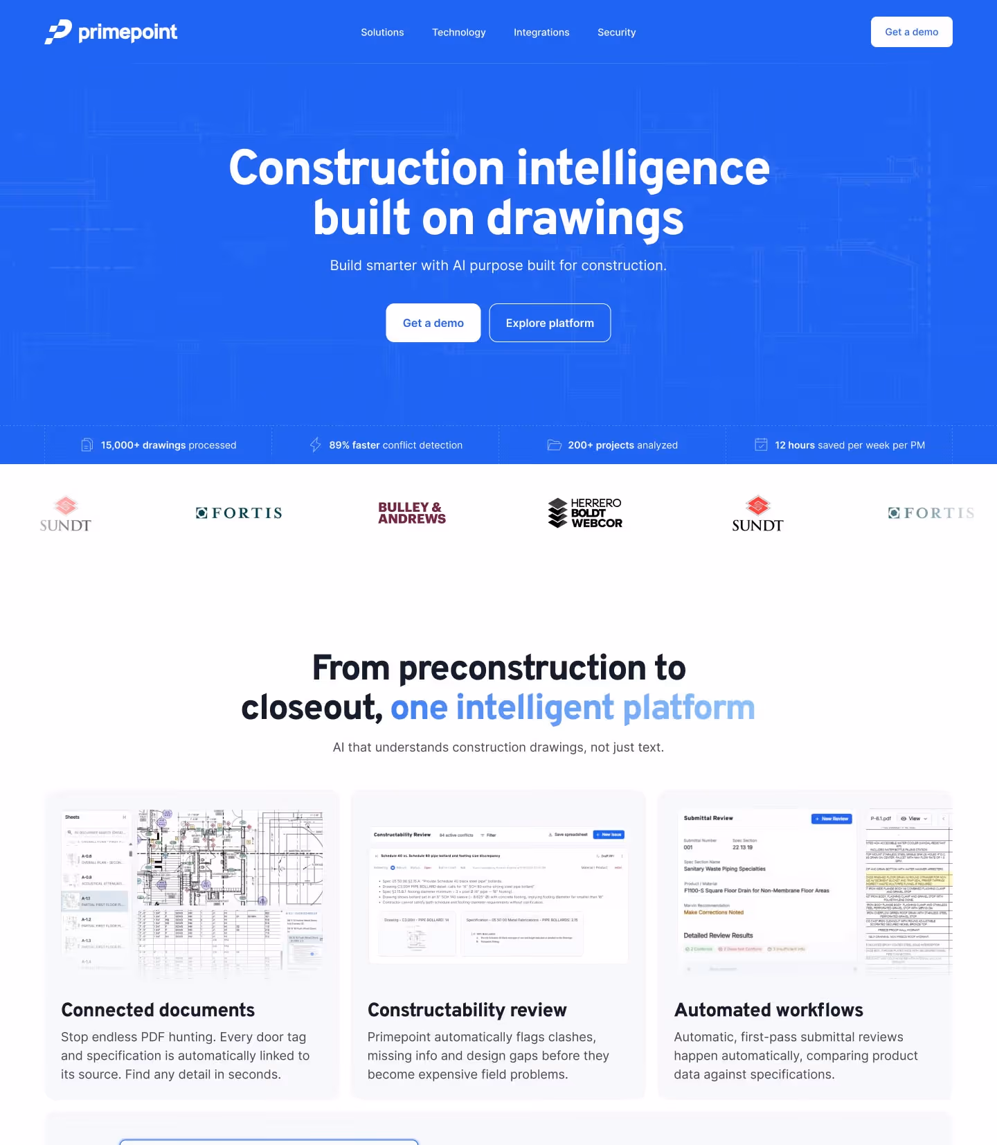 lean, multi-page website for Primepoint, a construction AI platform, featuring conversion-focused design and custom animations.