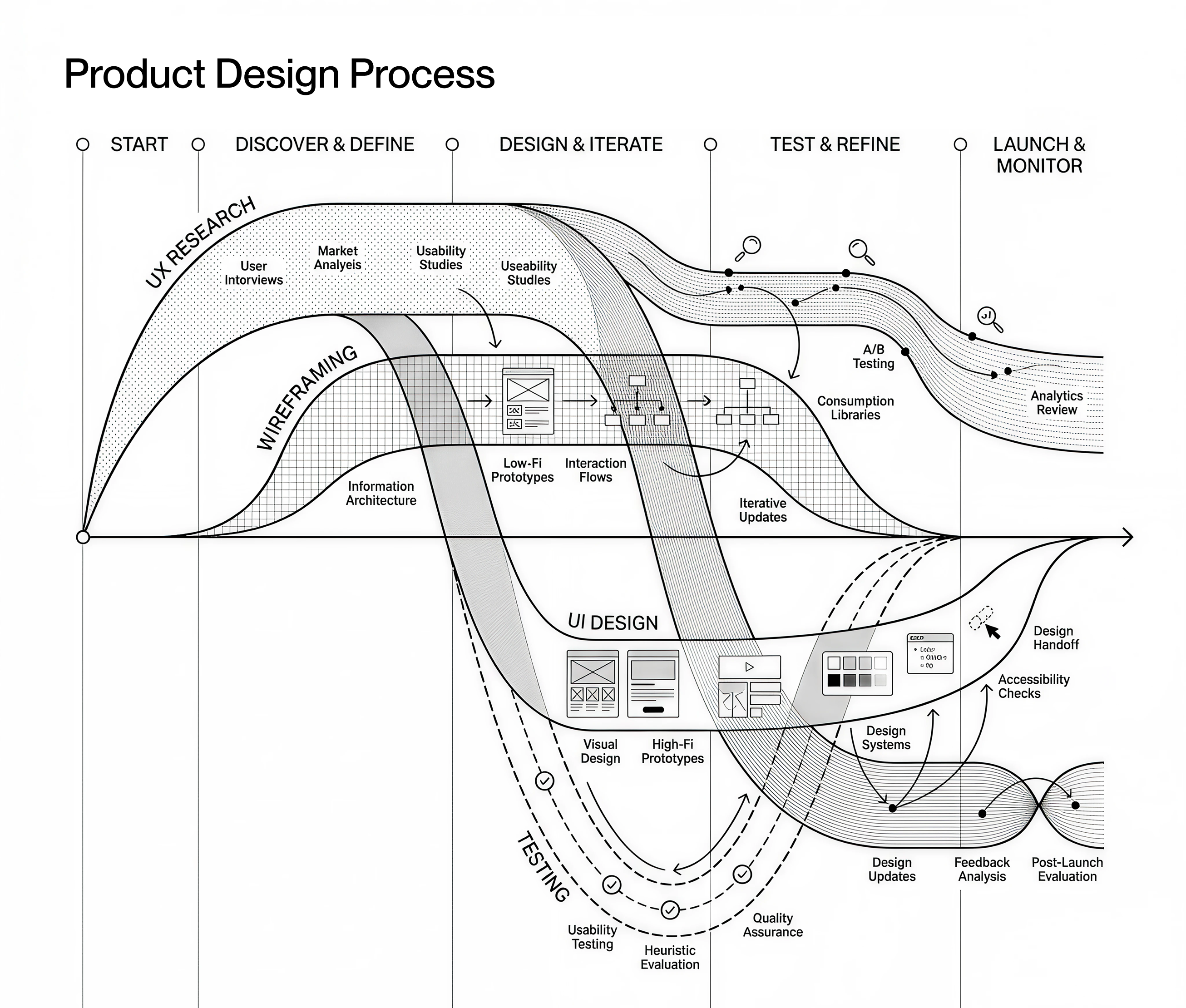 Project workflow showing how UX research and UI design activities overlap and inform each other throughout a design project