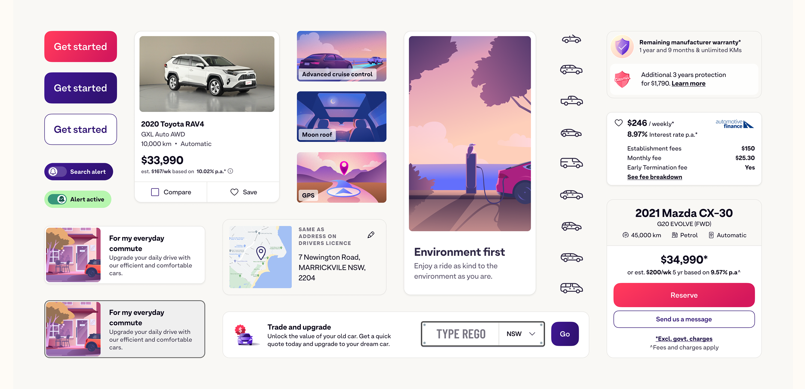Example design system showing UI components including buttons, form fields, typography, and colour palette