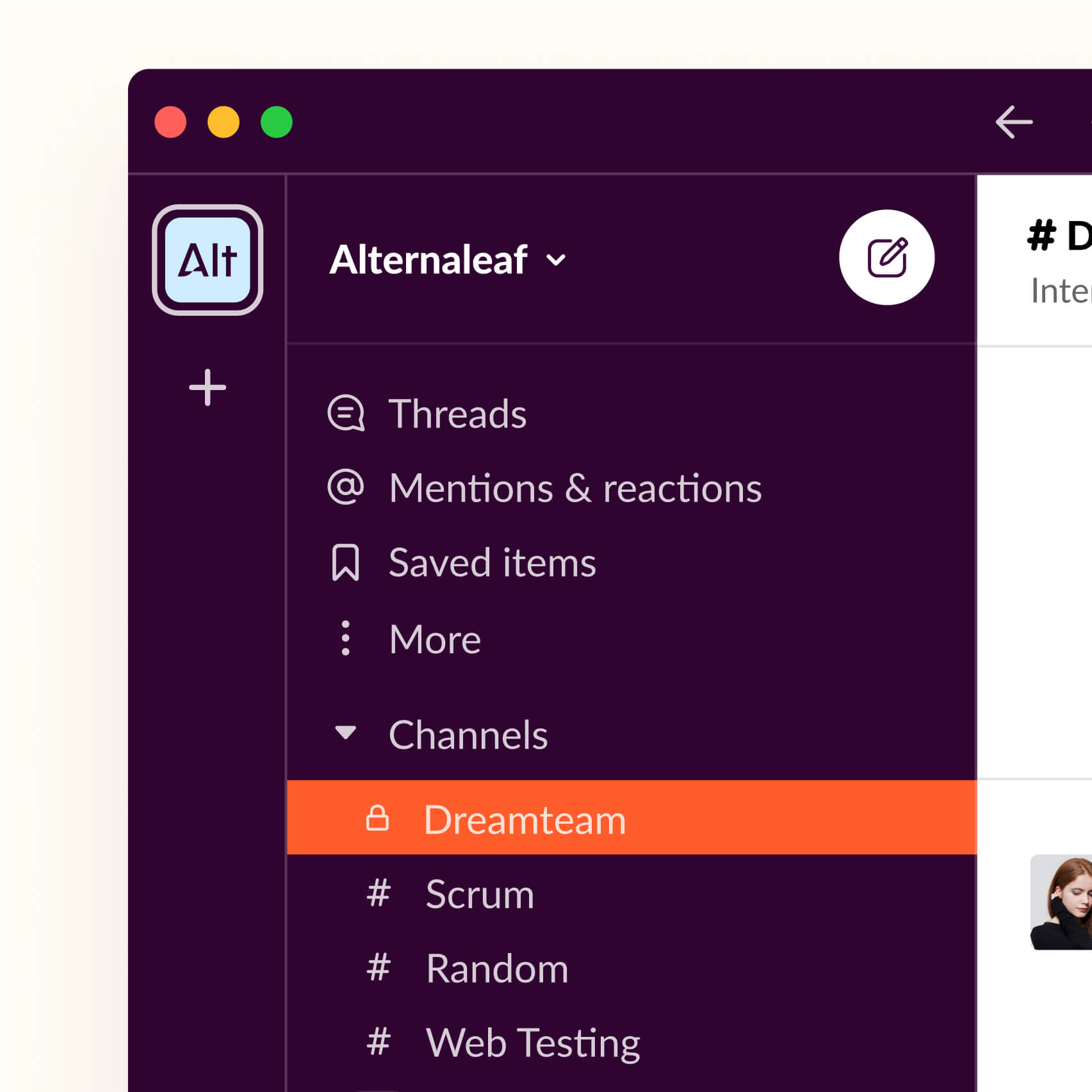 Alternaleaf Slack workspace showing the new logo as the workspace avatar and brand-themed channel structure