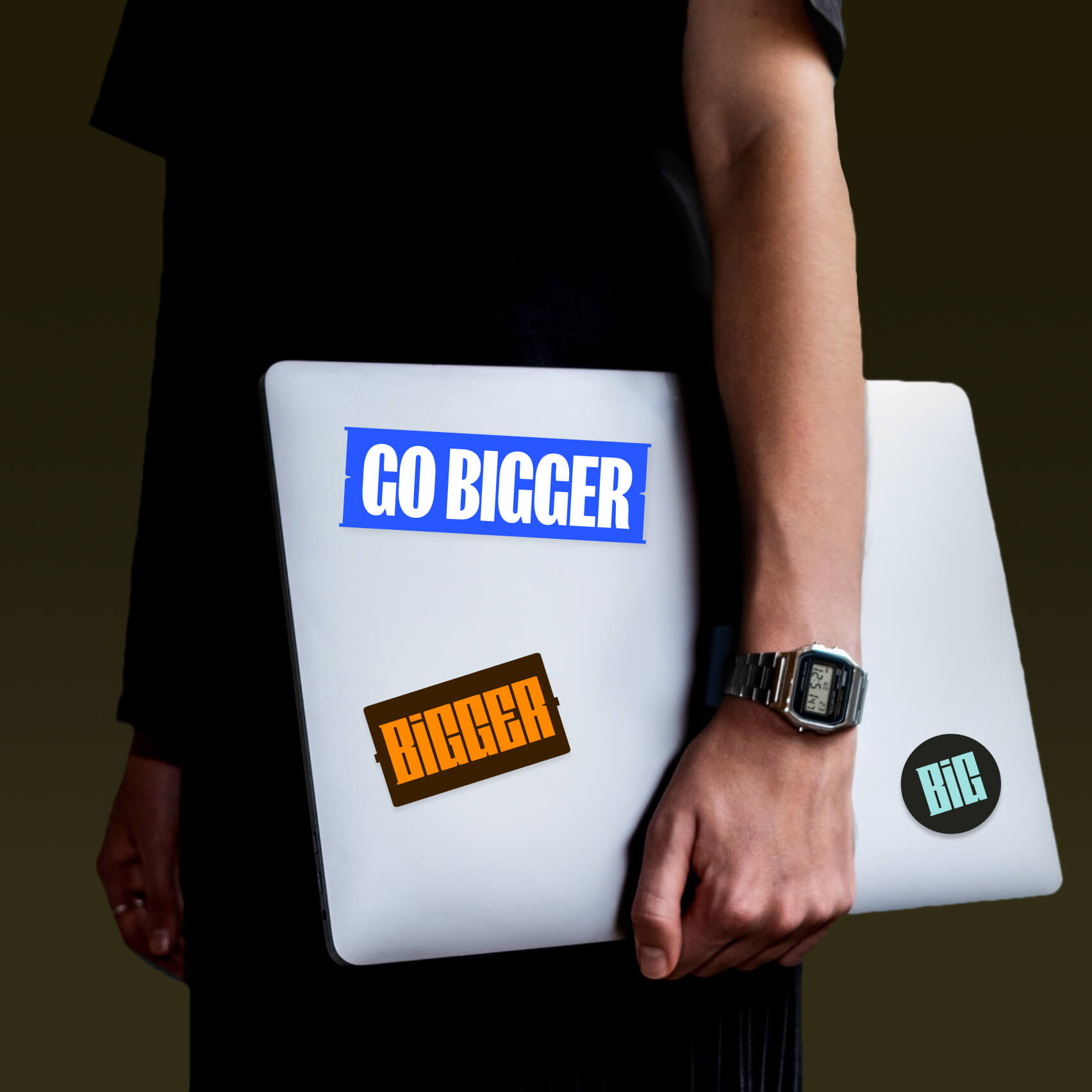 Sheet of Bigger-branded stickers featuring the wordmark, bracket device and tagline variations