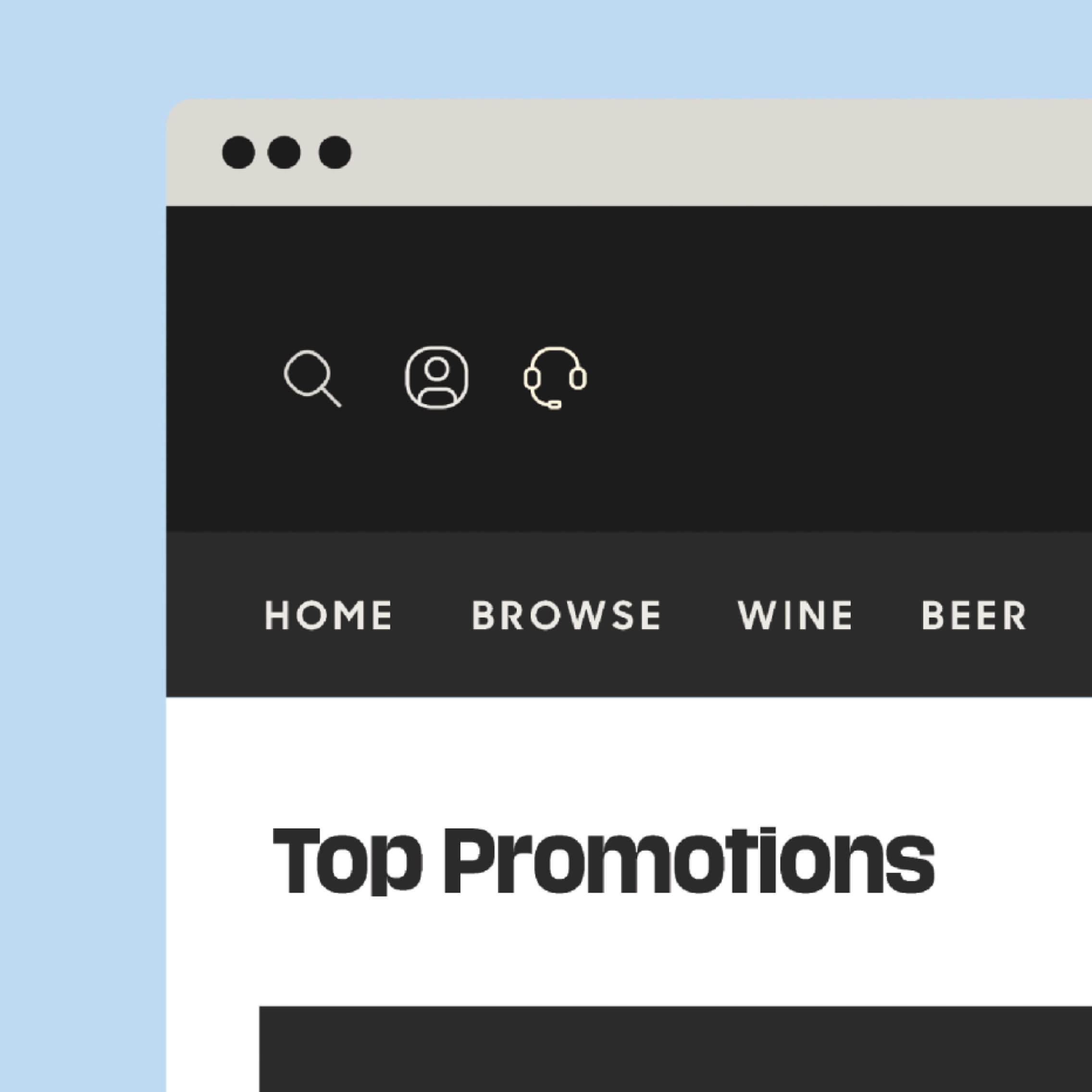 BoozeBud desktop website mockup with product tiles and category navigation