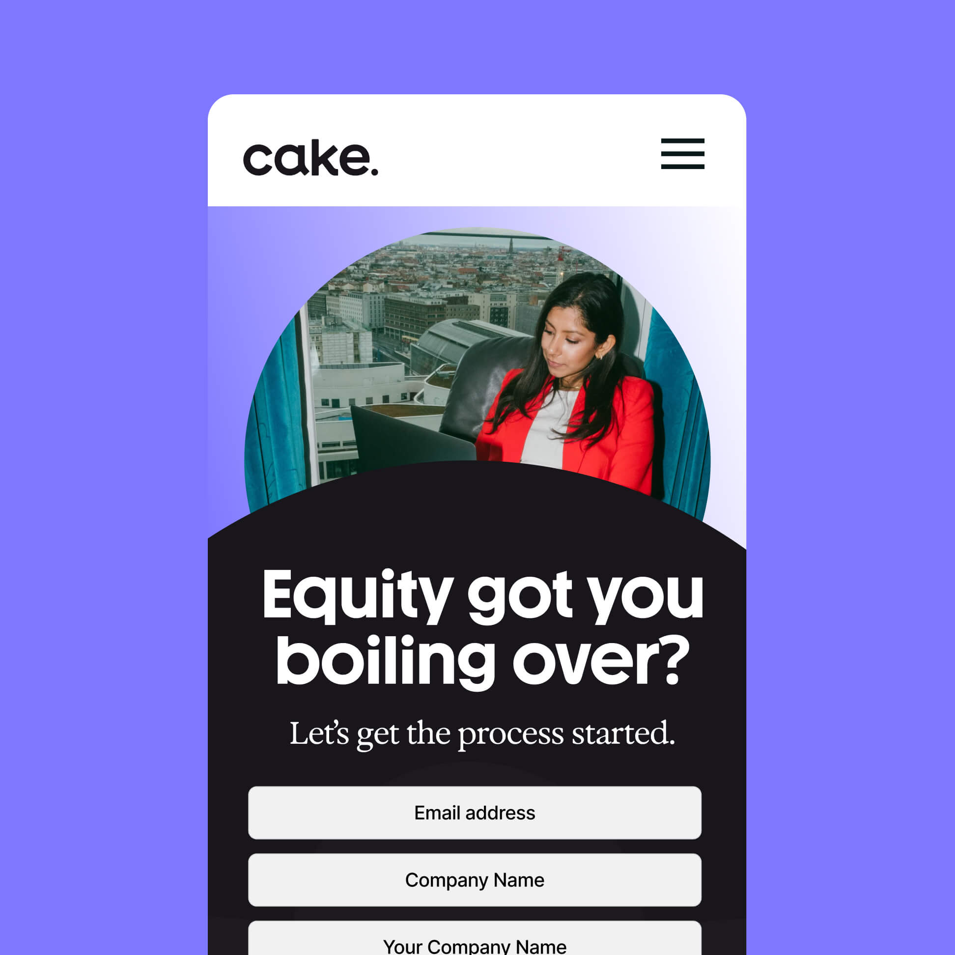 Cake mobile app screen showing the equity dashboard in the refreshed brand identity