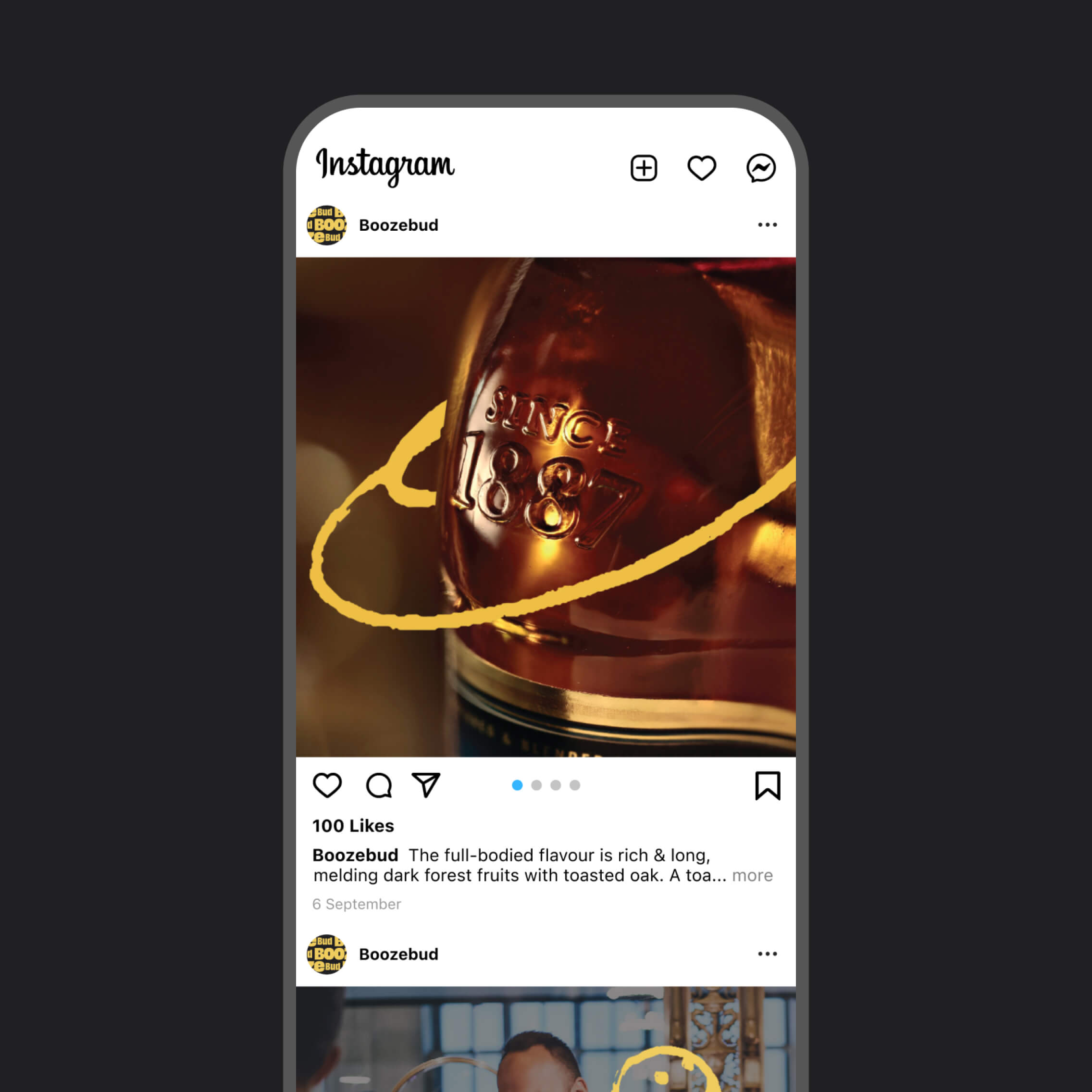 BoozeBud Instagram feed mockup showing product photography and conversational brand tone