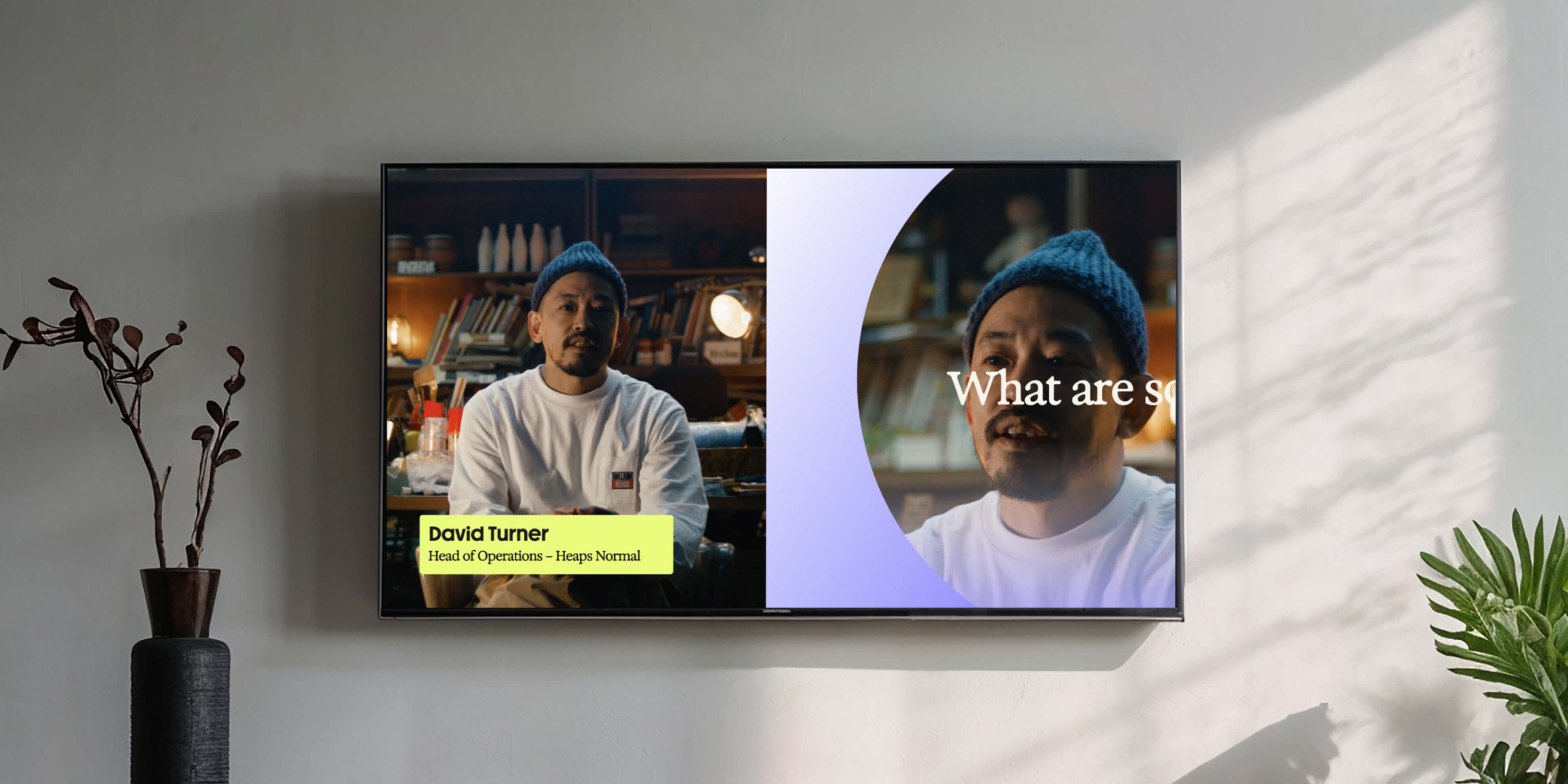 Cake brand identity playing on a television screen showing the flow graphic device in motion