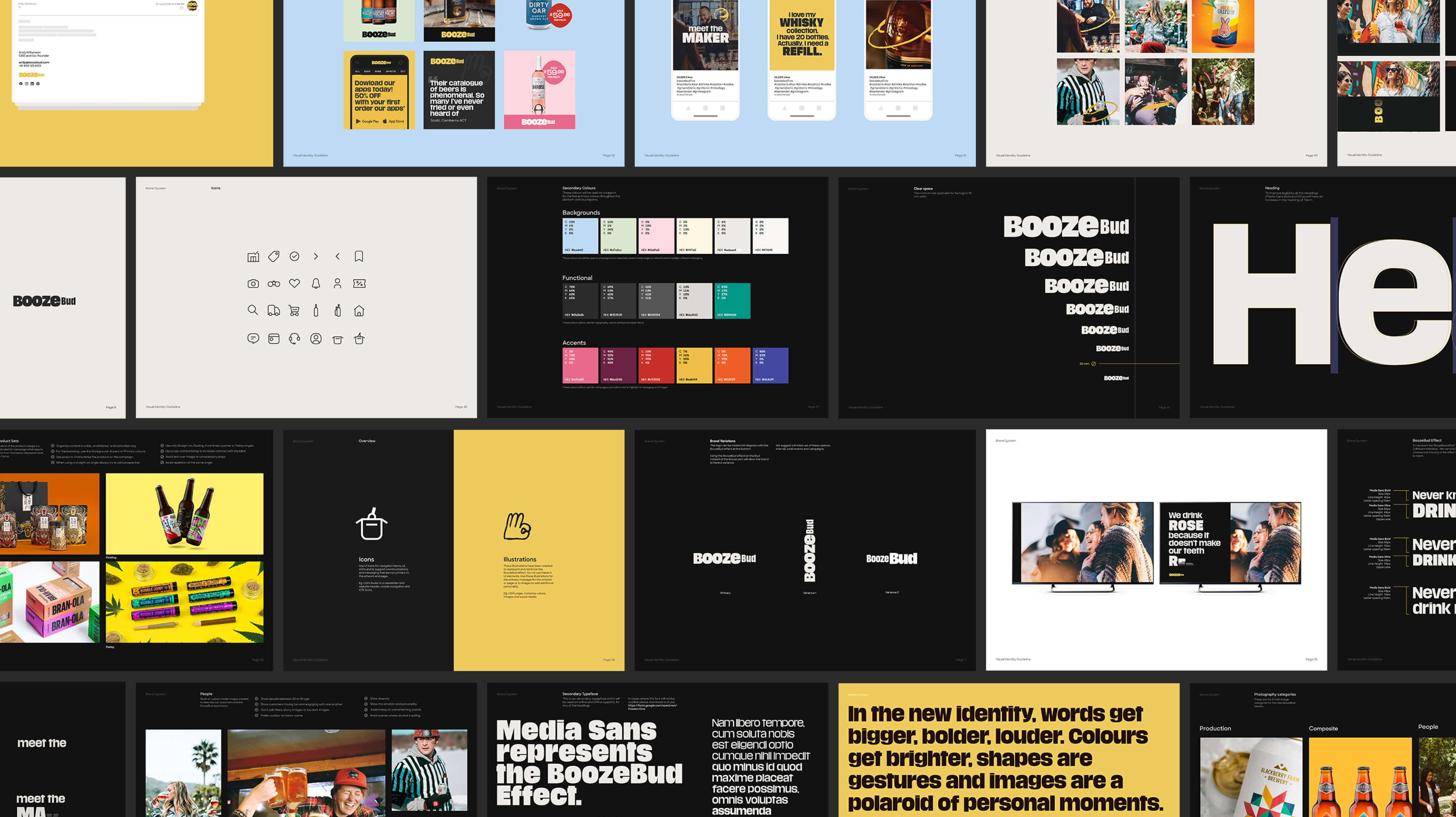 BoozeBud brand guidelines document spread showing colour palette, typography and usage rules