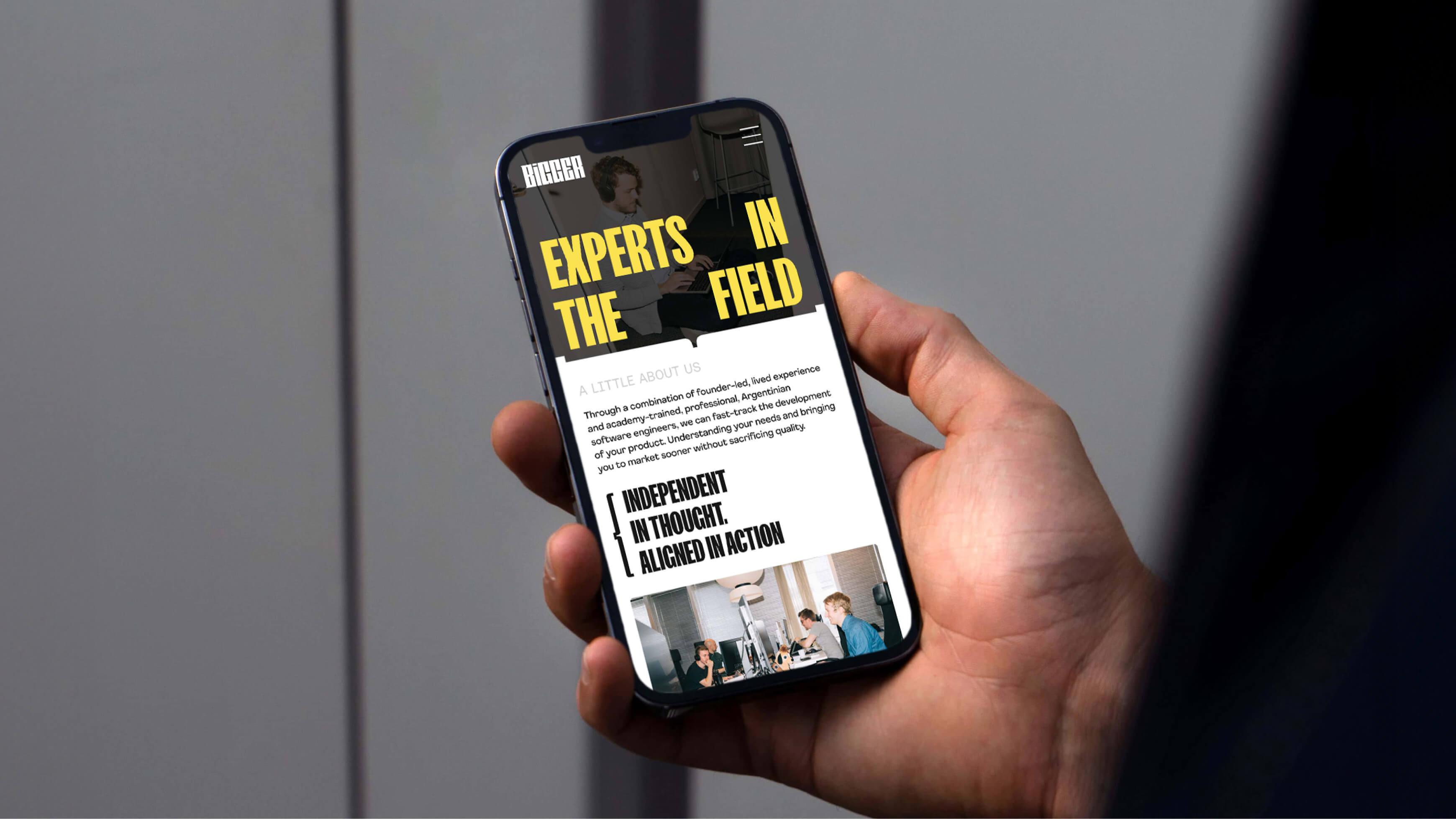 Bigger brand identity applied across mobile screens showing marketing site and product interface