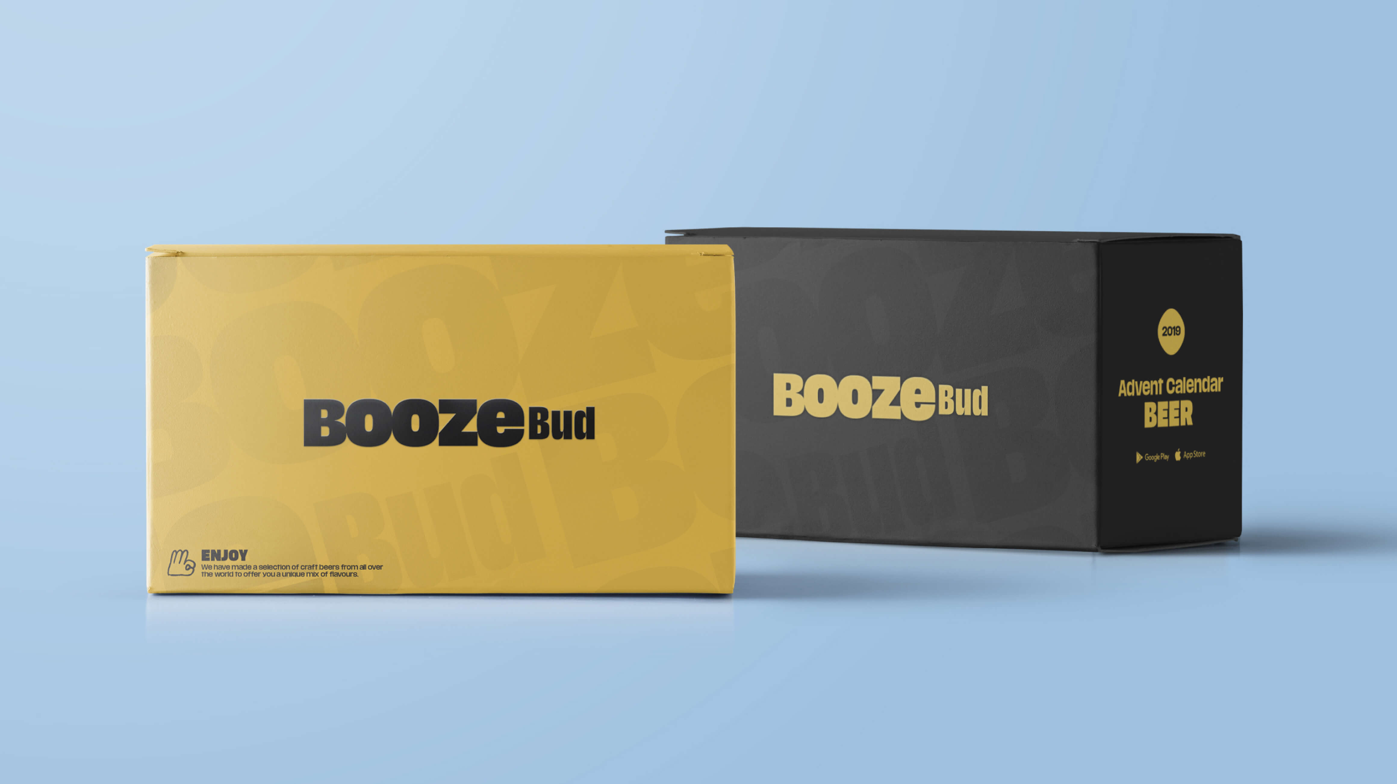 BoozeBud-branded packaging case showing the identity applied to product delivery boxes