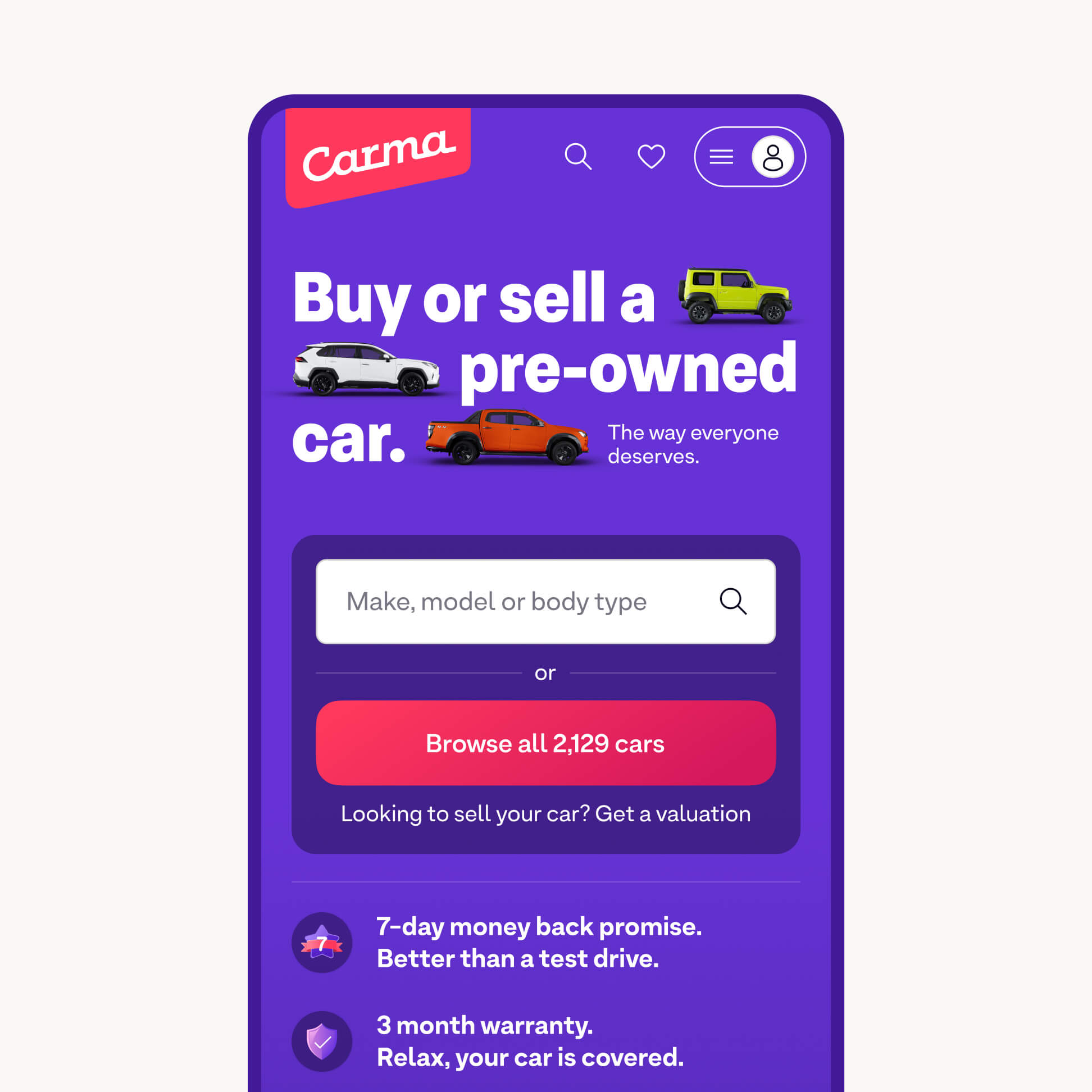 Carma website homepage mockup showing the used-car e-commerce platform