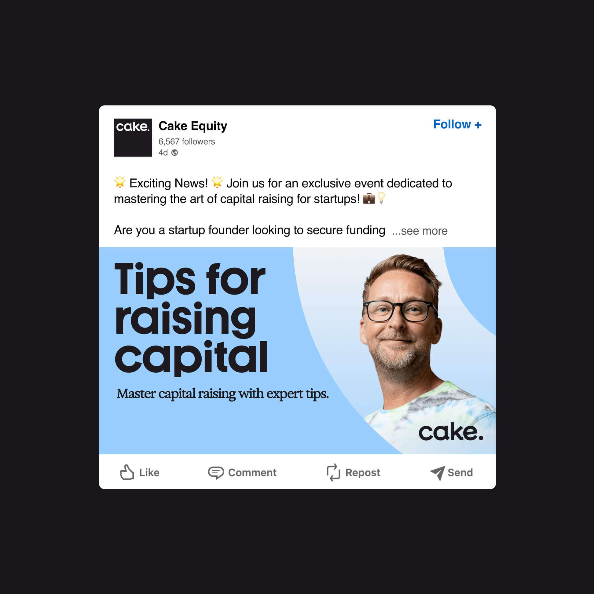 Cake LinkedIn page mockup showing the new wordmark and brand visuals applied