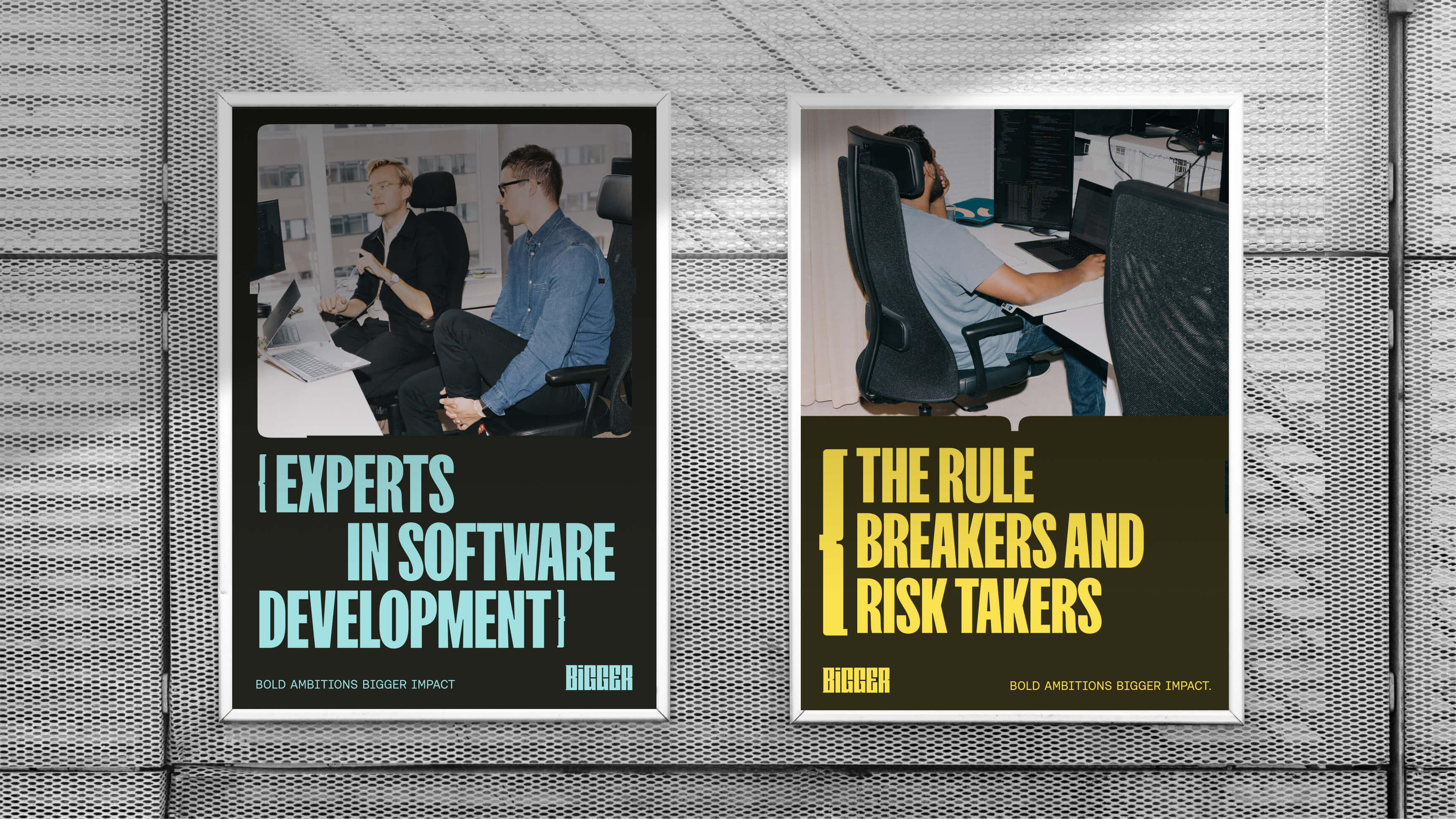 Series of Bigger posters using bold typography and bracket graphics in high-contrast colour