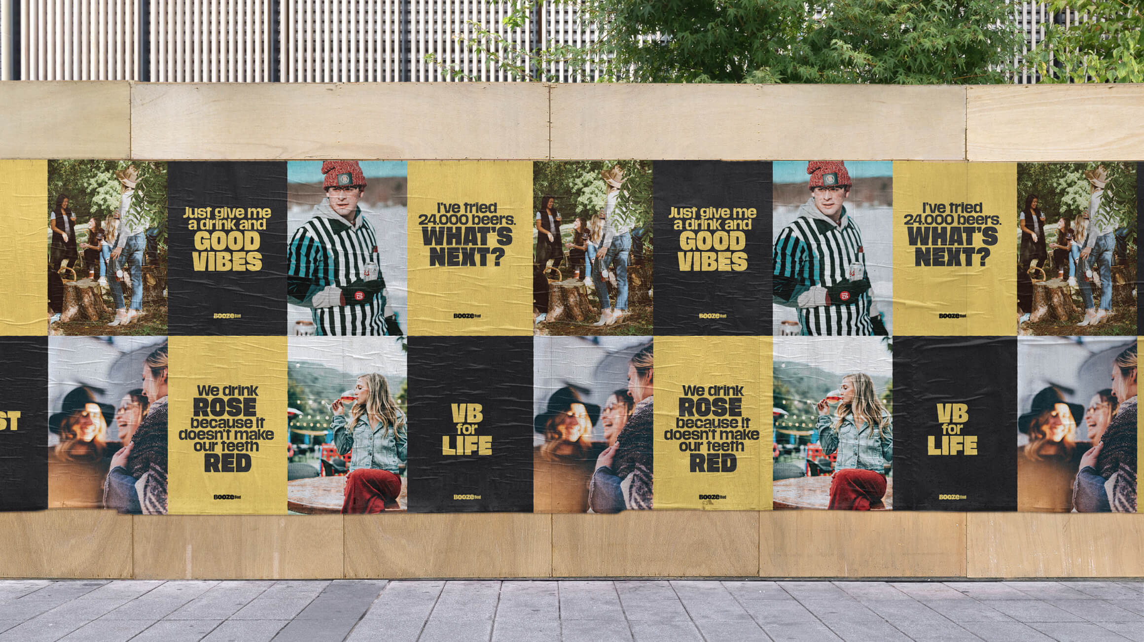 BoozeBud outdoor paste-up poster featuring the bold wordmark and cheerful brand copy