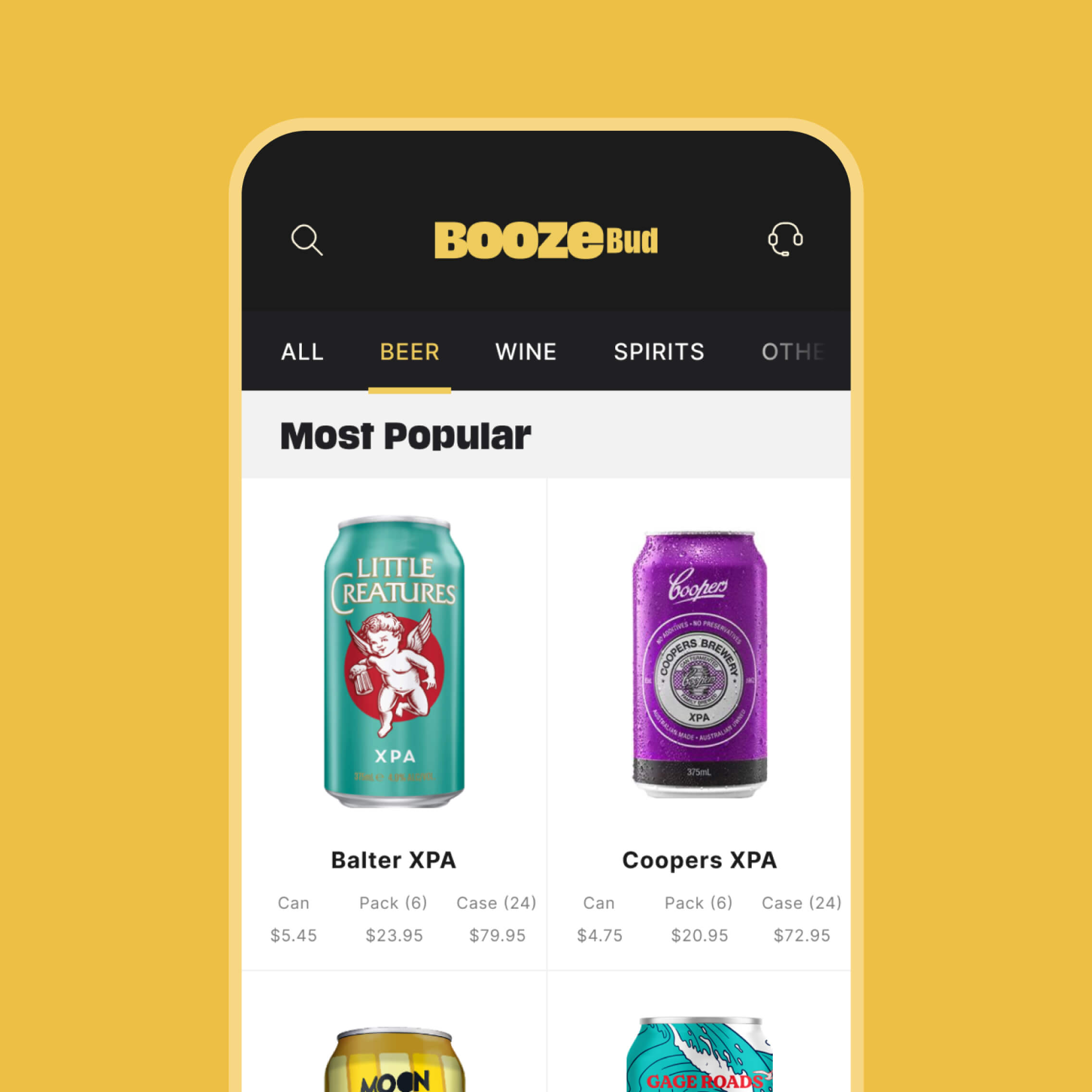 BoozeBud mobile app interface showing curated drink categories and shoppable product grid