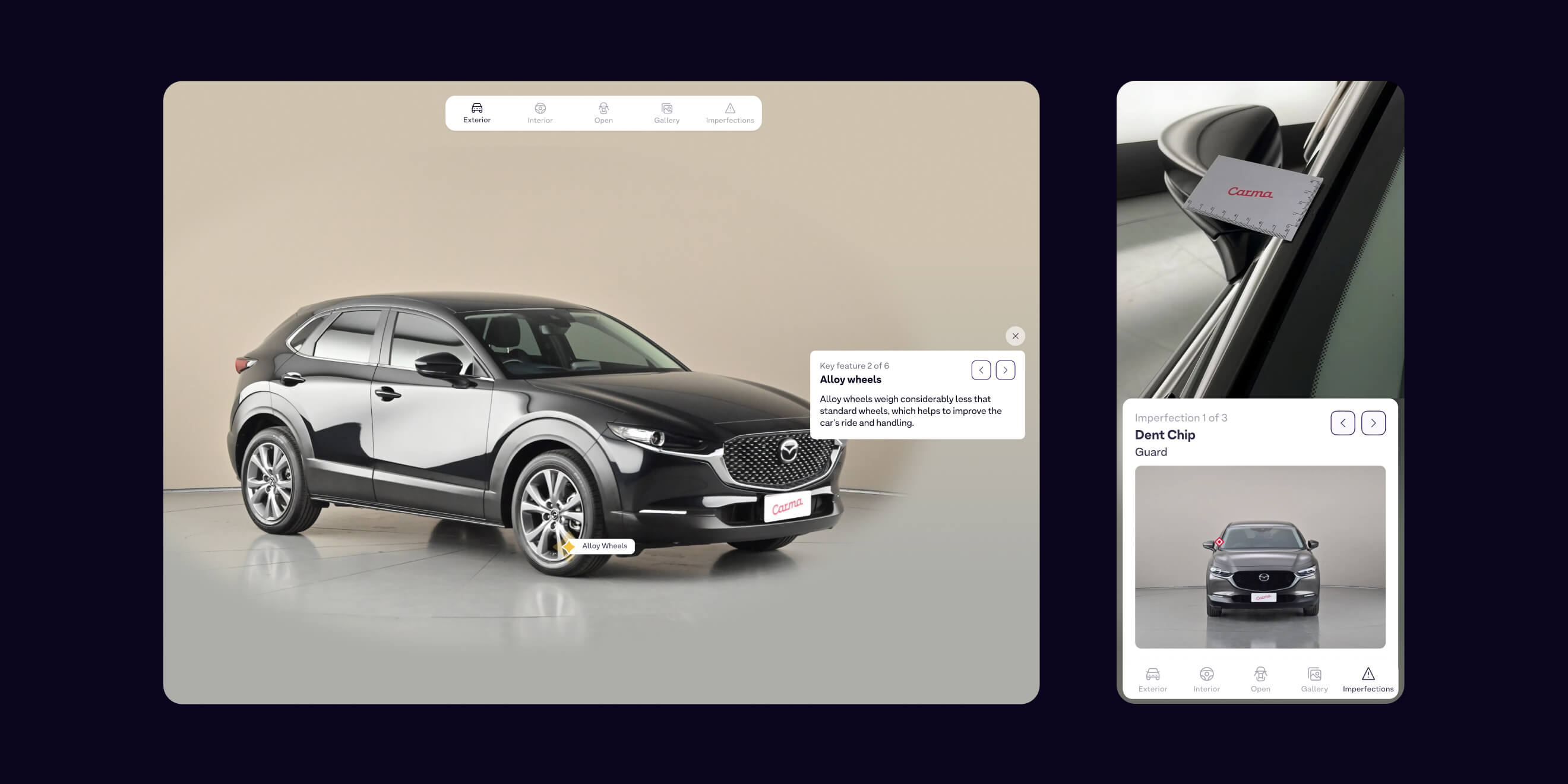 Carma interactive 360 gallery hotspot view showing car features and condition detail