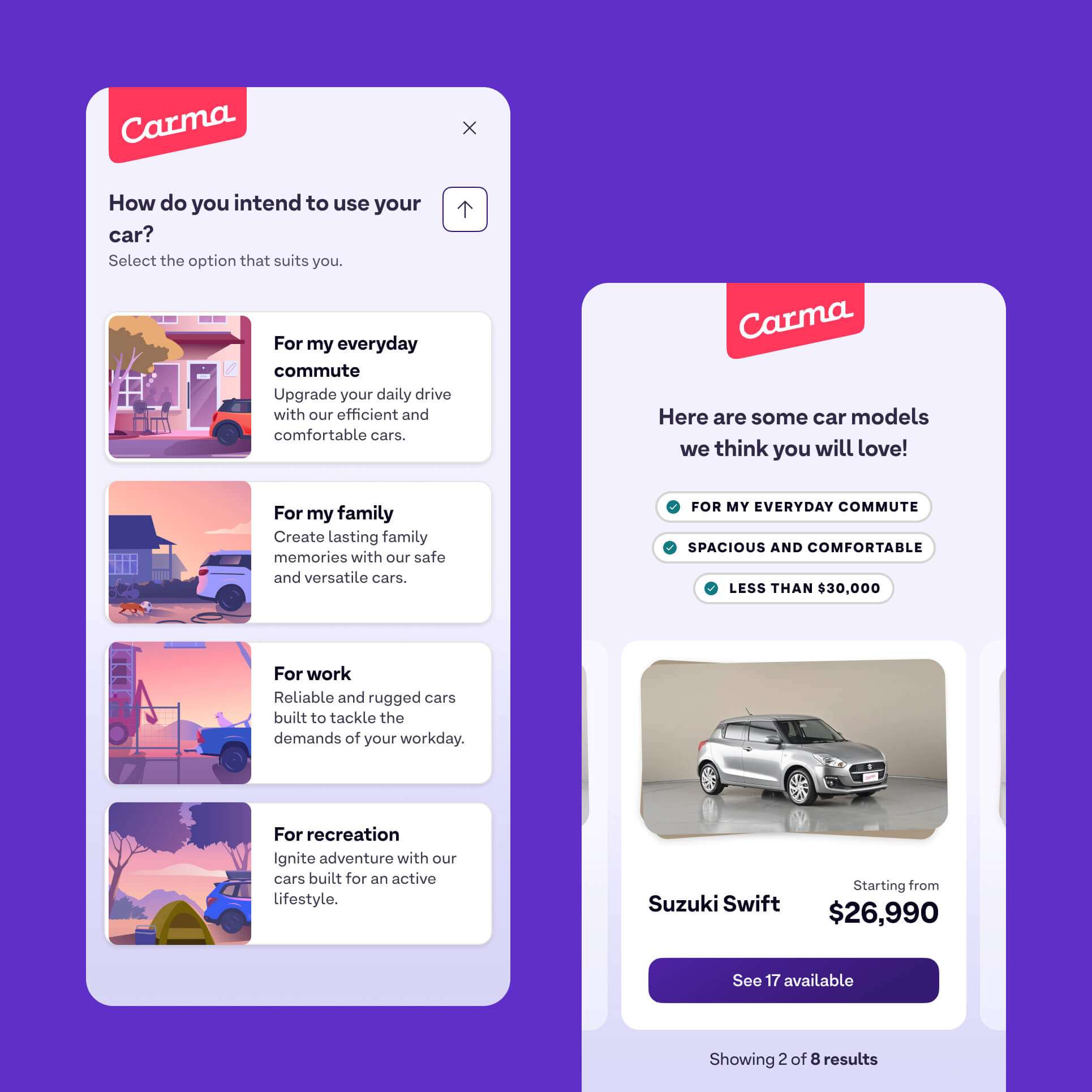 Carma choose-a-car product screen showing filtering and selection UX