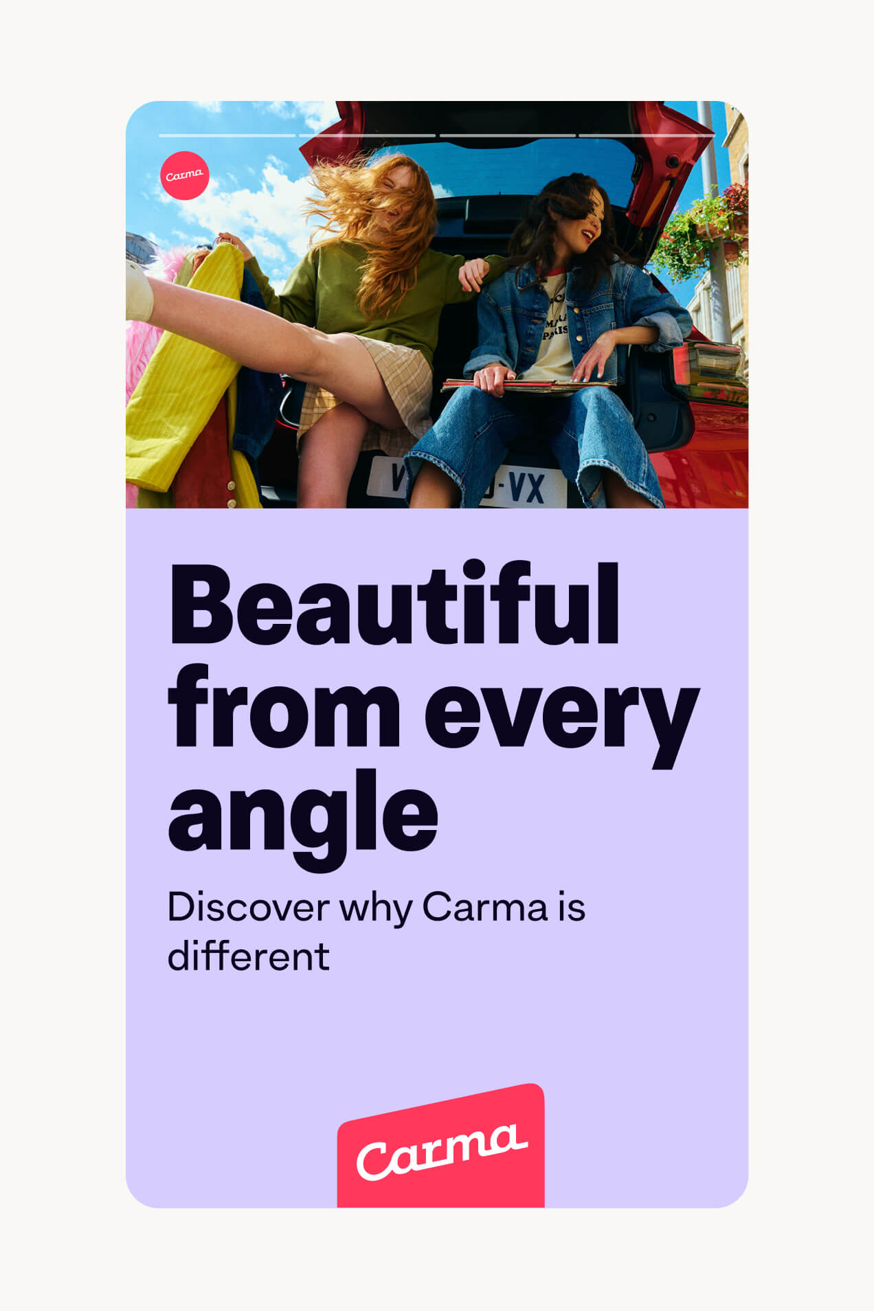 Carma out-of-home launch campaign poster featuring the bright brand colour palette