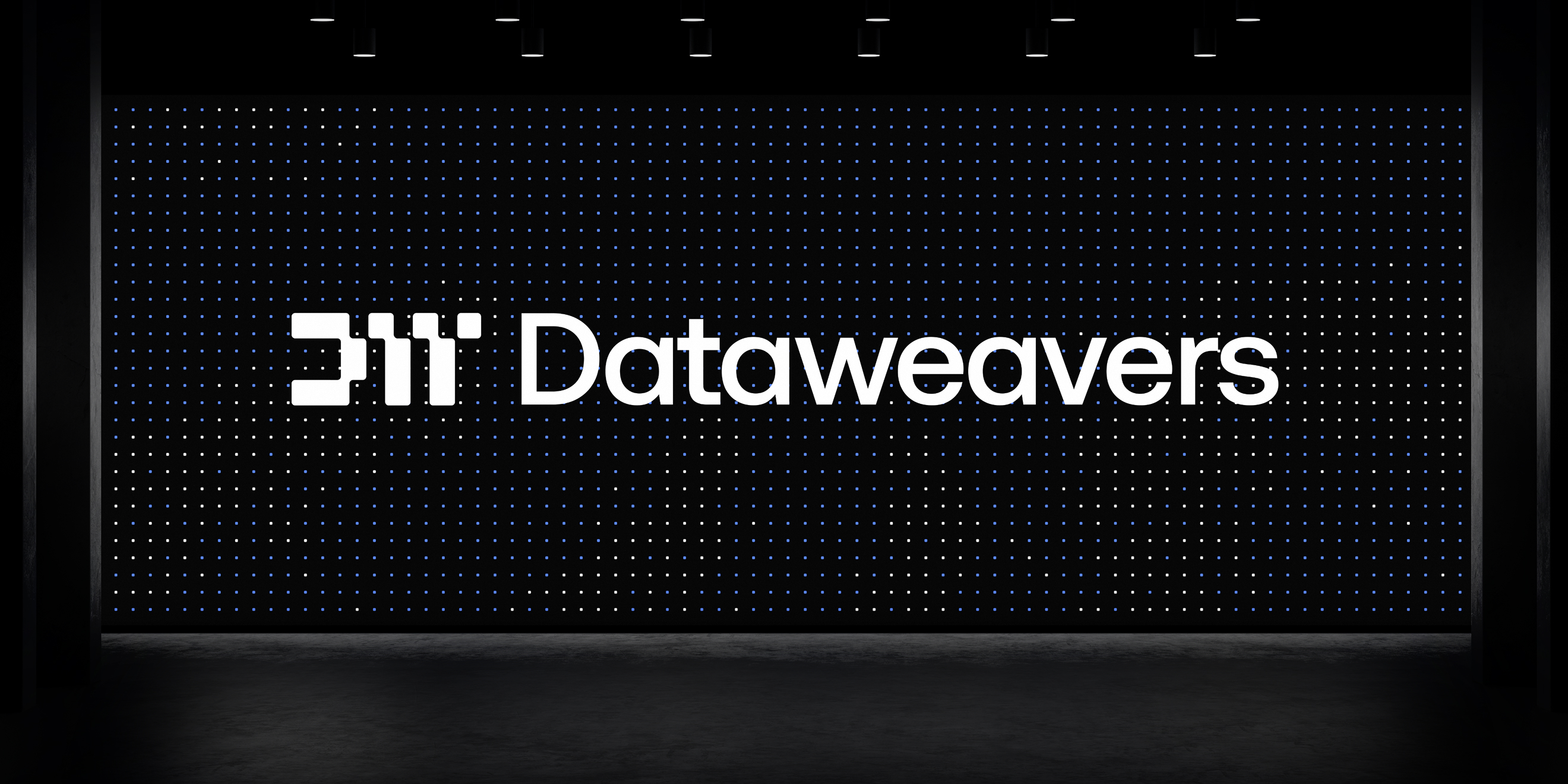 Dataweavers brand end-screen asset with the DW lettermark and tapestry-of-nodes graphic