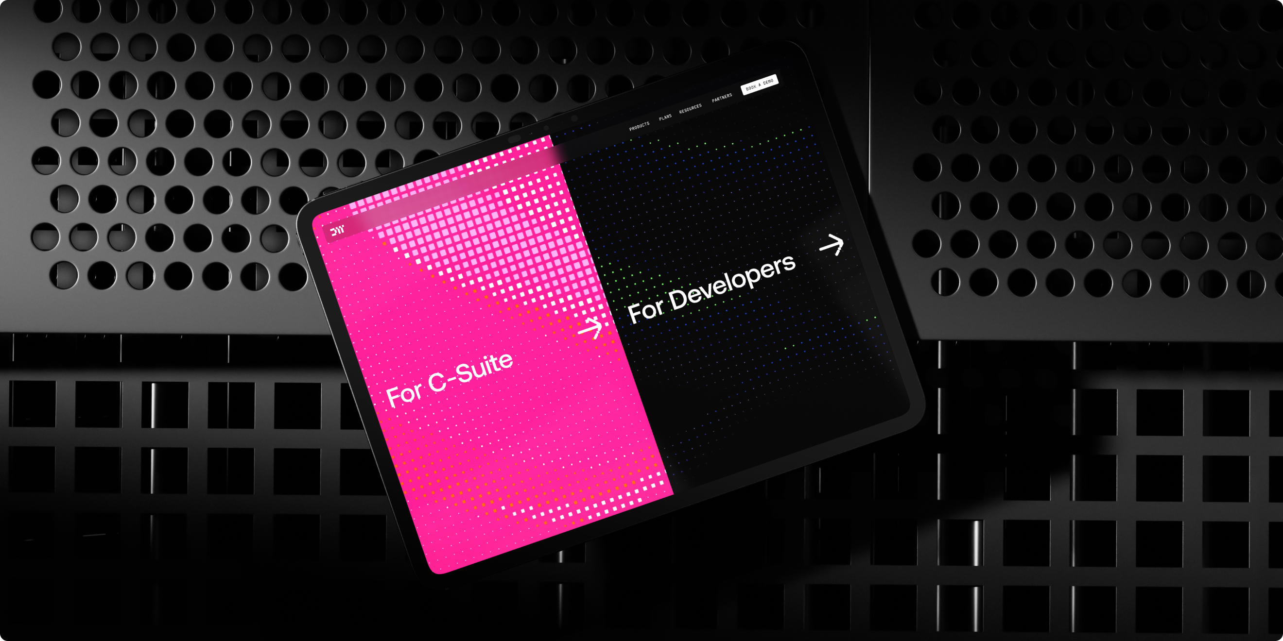 Dataweavers brand identity on an iPad mockup showing the dark developer-focused UI palette