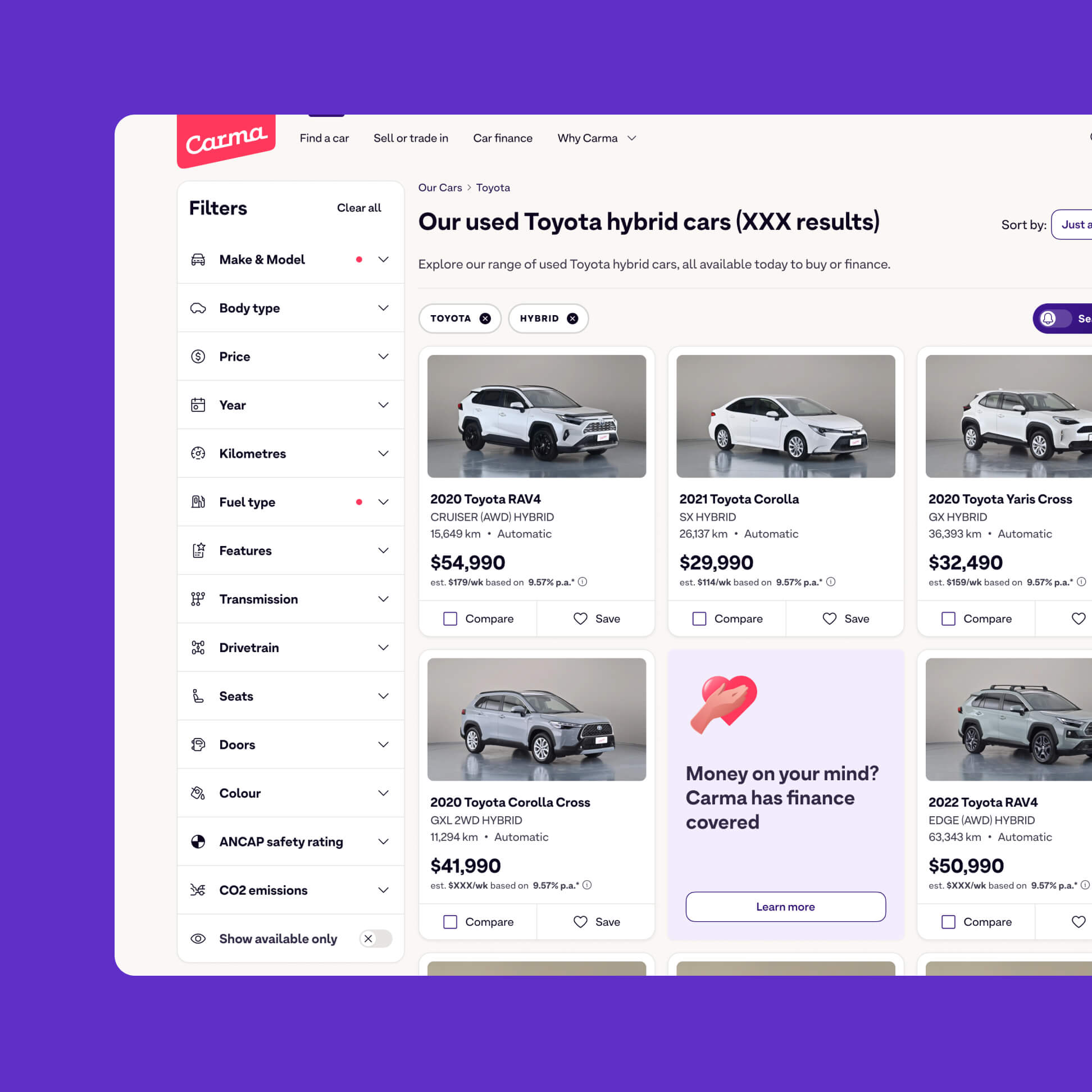 Carma product listing page showing used-car search results in the marketplace interface