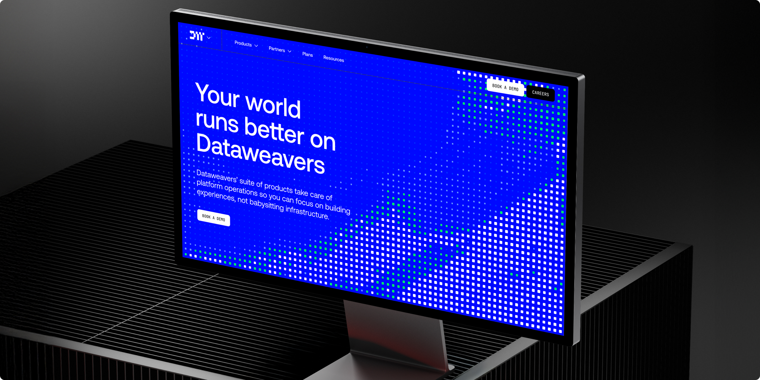 Dataweavers desktop website mockup showing the orchestration platform homepage and navigation