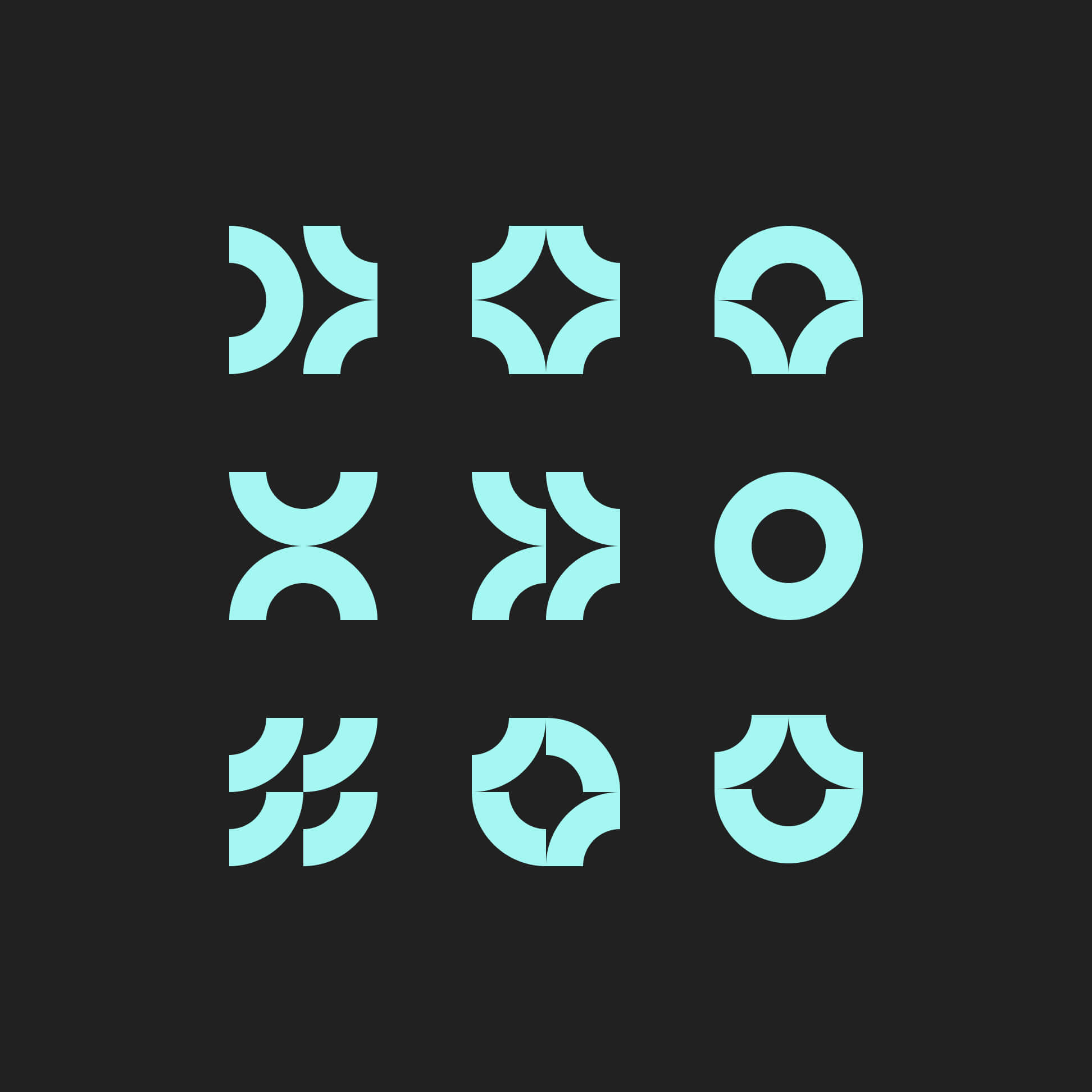 Deeligence custom pictogram set created by rotating logomark elements in 90-degree variations